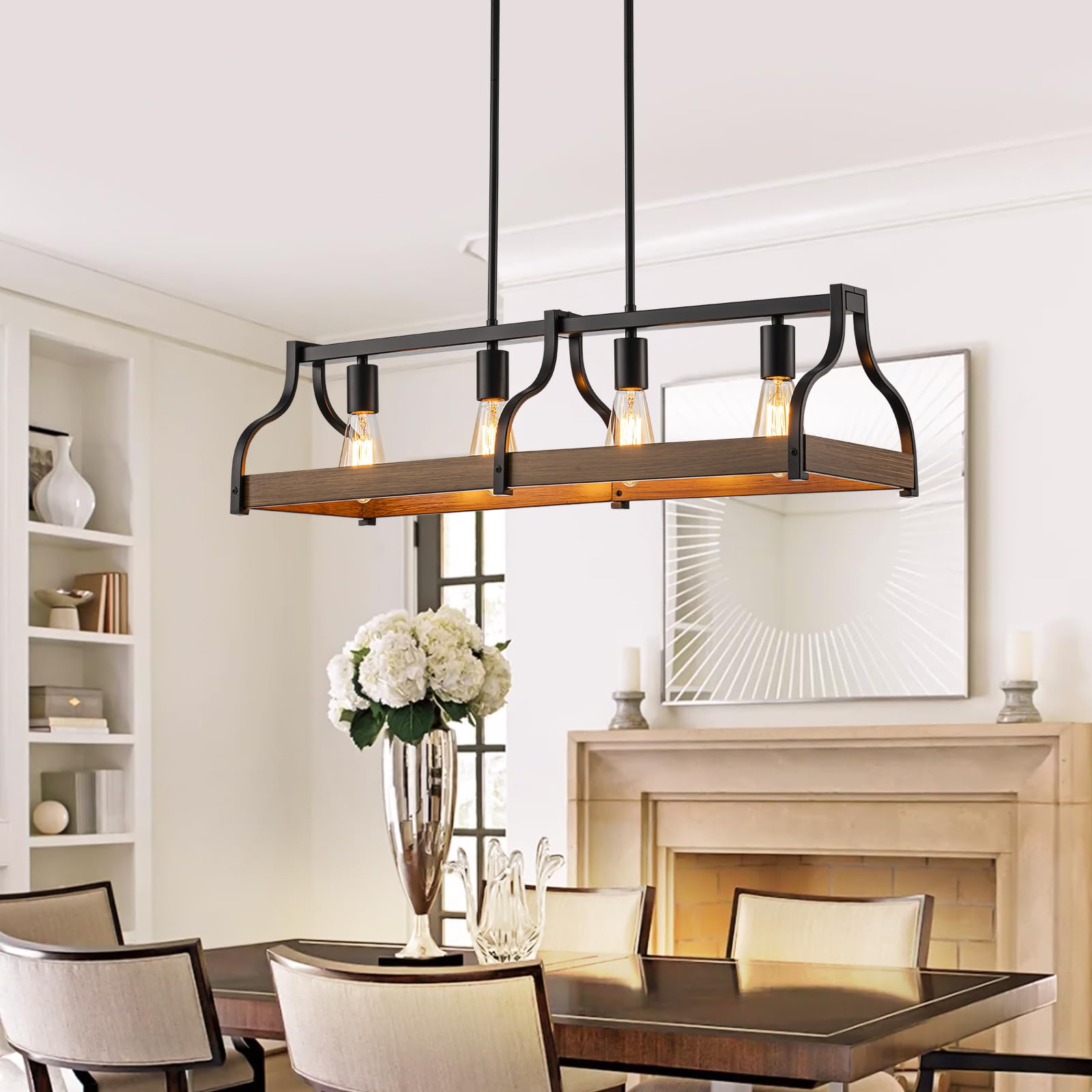 Farmhouse Kitchen Island and Dining Room Chandelier,Rustic 4-Light Linear Pendant Light Fixture with Adjustable Height and High Brightness,Black Industrial Hanging Light