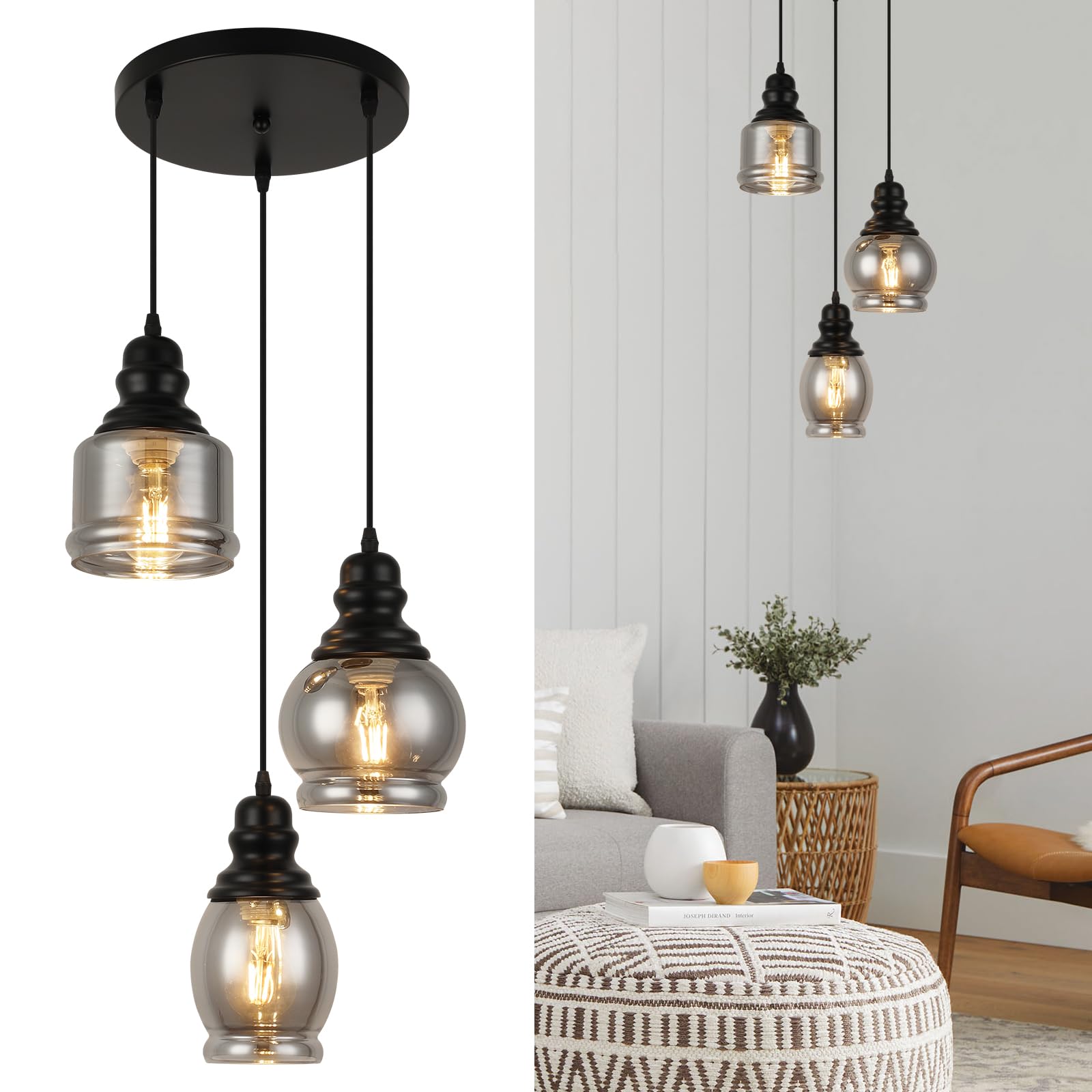 WILON Industrial Pendant Lighting, Pendant Lights for Kitchen Island 3 Light Glass Pendant Light Fixture with Seeded Glass Shade, Adjustable Cord Farmhouse Ceiling Light Black finish Linear Chandelier