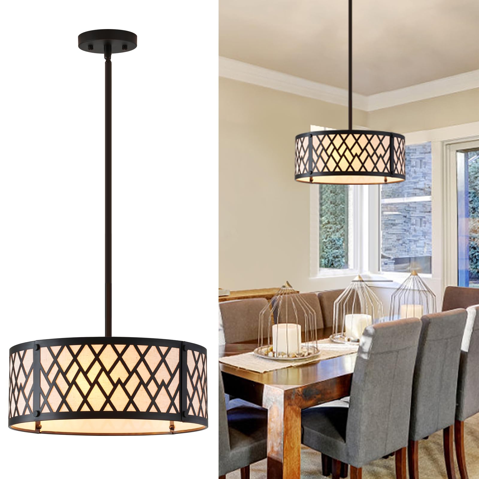 3 Light Drum Pendant Light, Modern Drum Chandelier for Dining Room Light Fixtures, Adjustable Flush Mount Ceiling Light, Farmhouse Light Fixtures for Kitchen Island, Diameter 15.74"