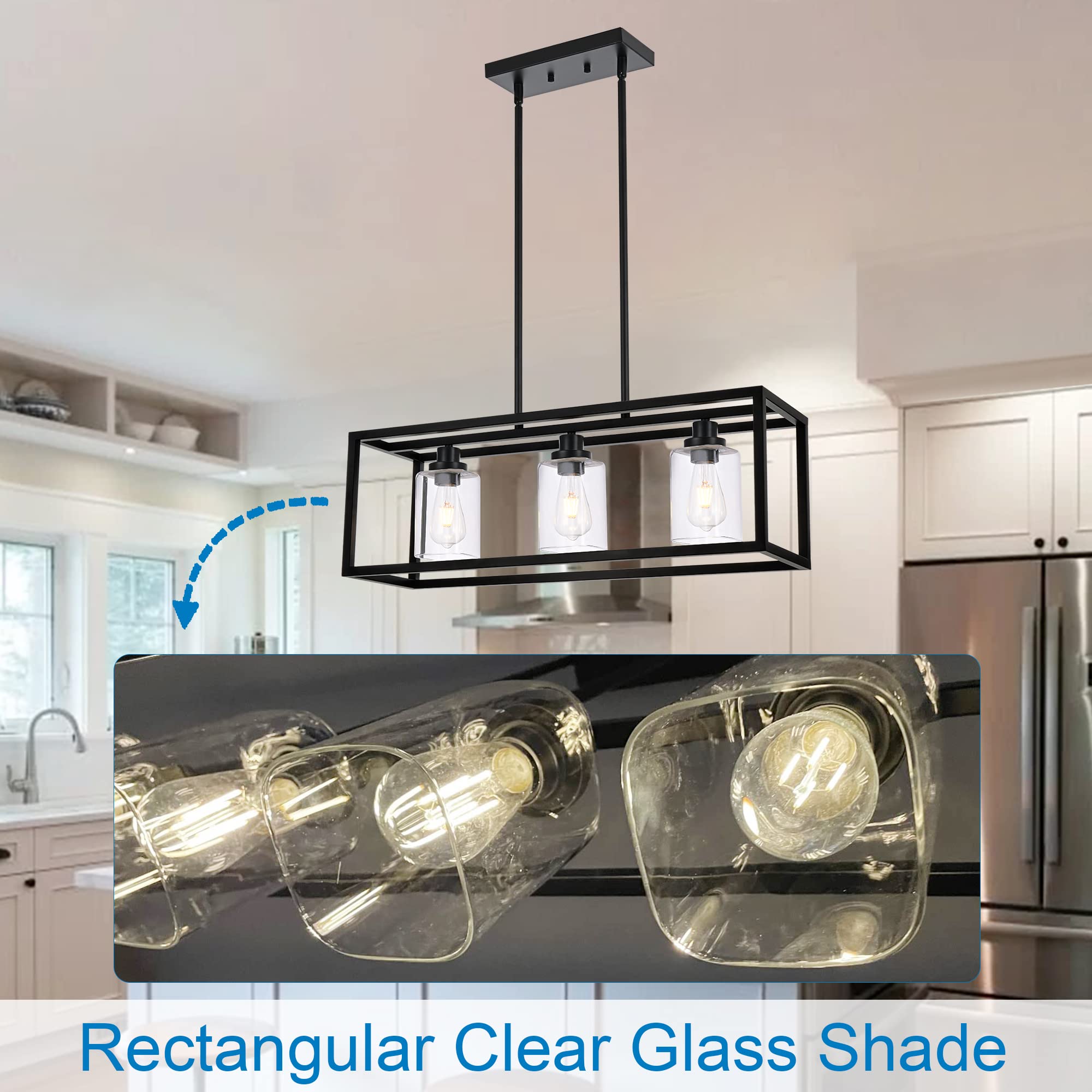 3 Light Kitchen Island Lighting Linear Chandelier Black Pendant Lighting with Rectangular Clear Glass Shade for Dining Room Bar Kitchen Pool Table, Adjustable Height