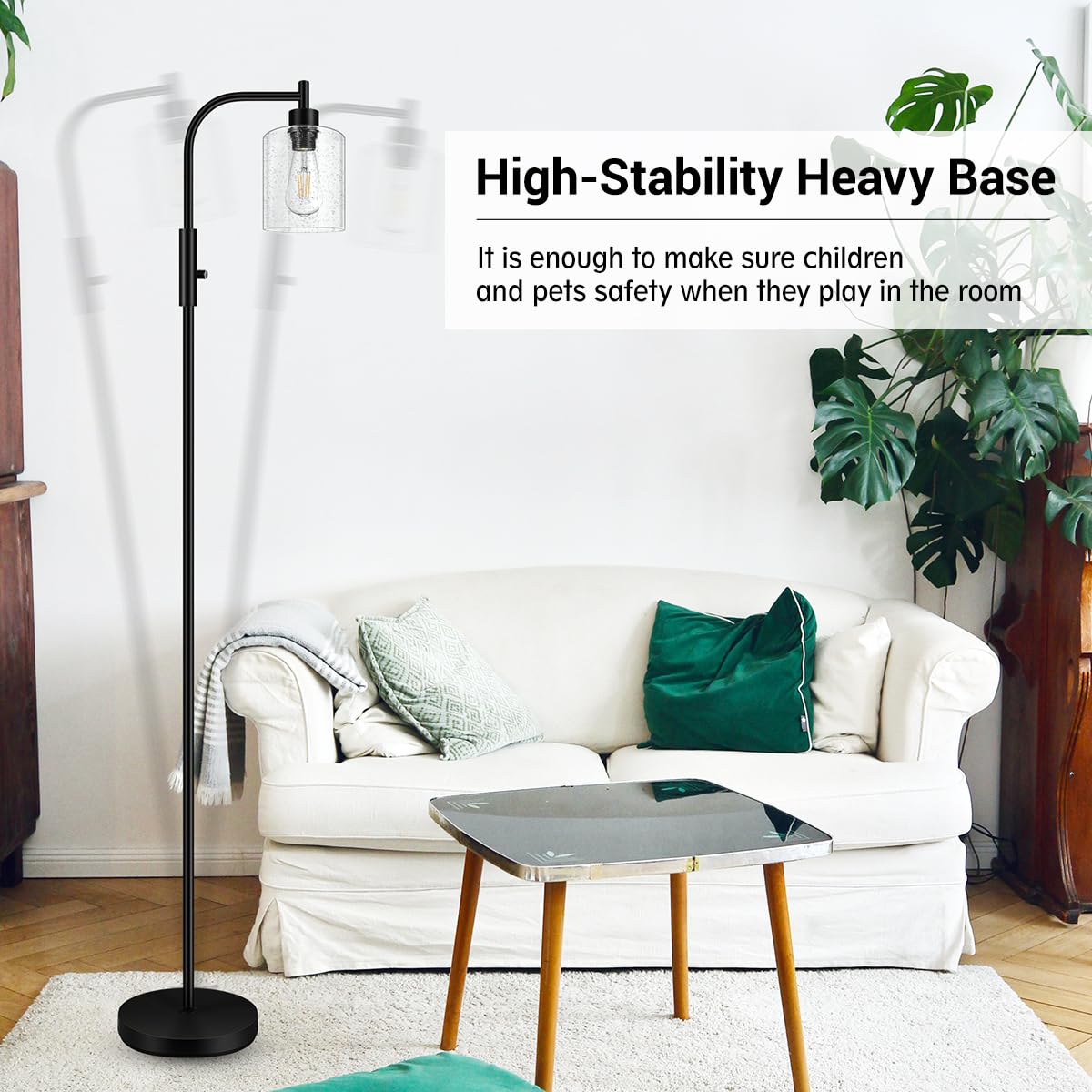 Floor Lamp, 6W Black Modern Floor Lamp with 4W Adjustable Reading Lamp, 2700K Energy-Saving LED Bulbs Included, Industrial Bright Floor Lamp for Bedroom, Living Room and Office