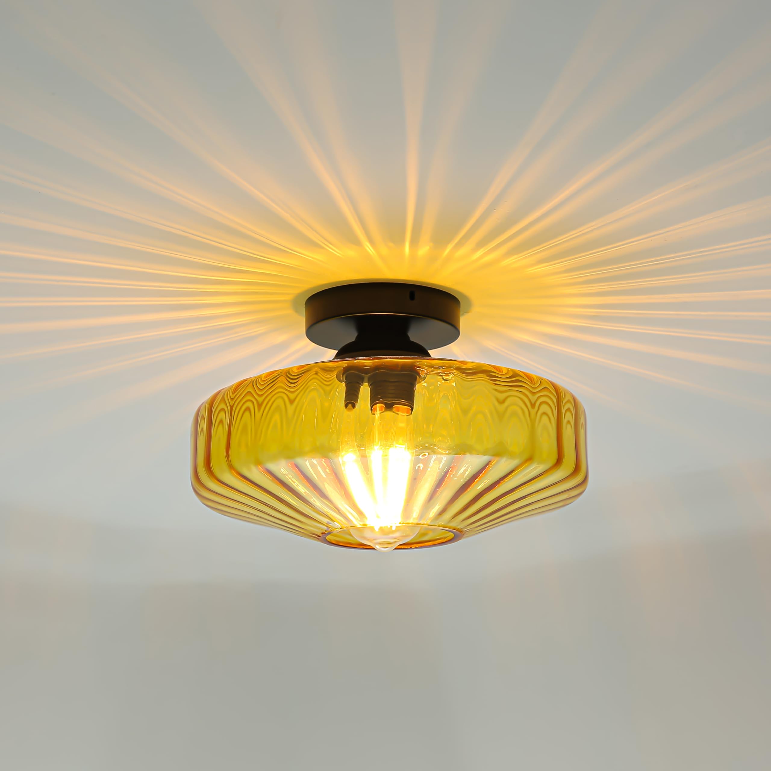 Semi Flush Mount Ceiling Light, 11.8" Mid Century Modern 1-Light Close to Ceiling Light Fixtures with Drum Amber Glass Shade for Bedroom Entryway Hallway Porch Foyer