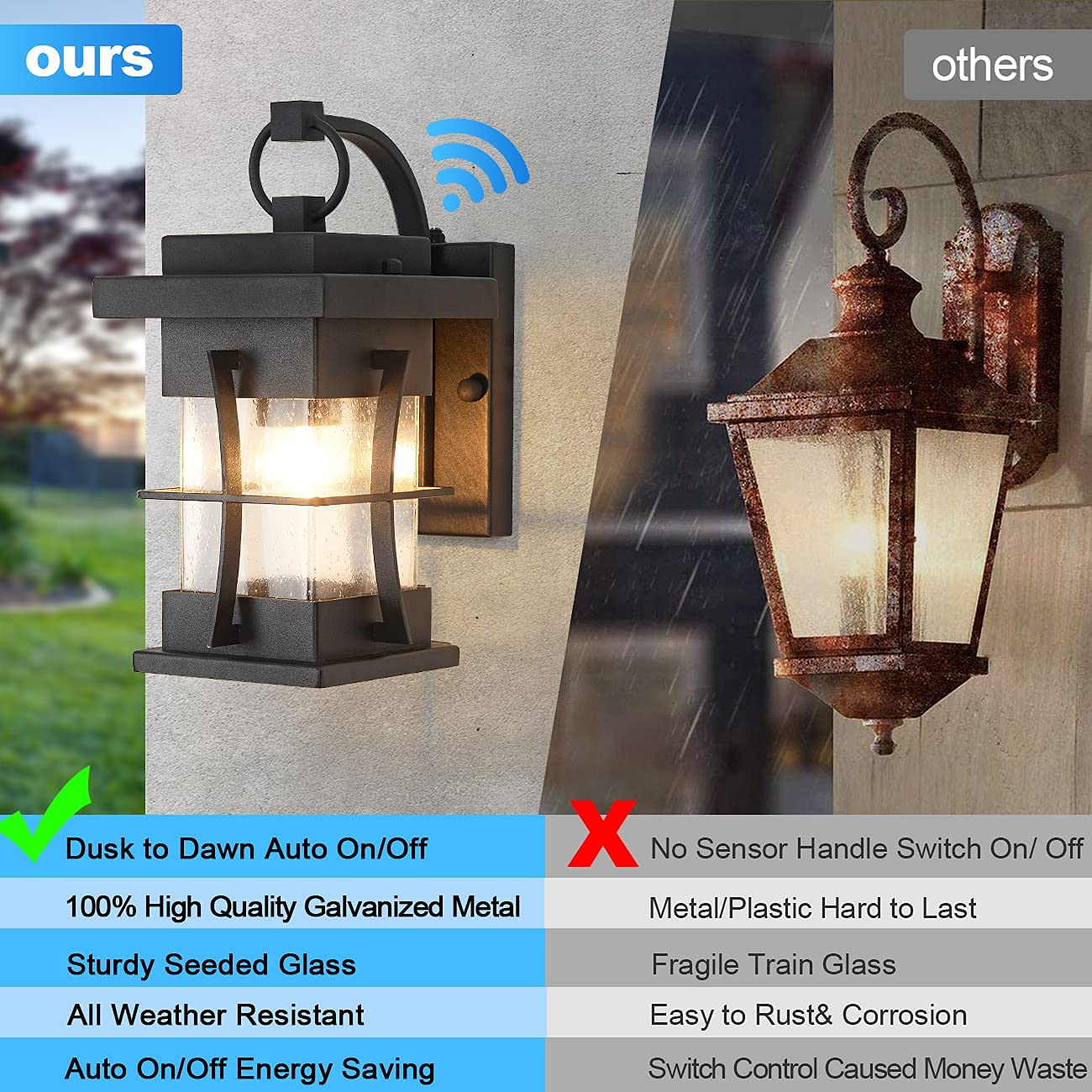 Outdoor Pendant Light Fixture with Dusk to Dawn Sensor Exterior Hanging Lantern with Adjustable Chain Black with Seeded Glass Outside Lights for House Patio Front Porch Lighting