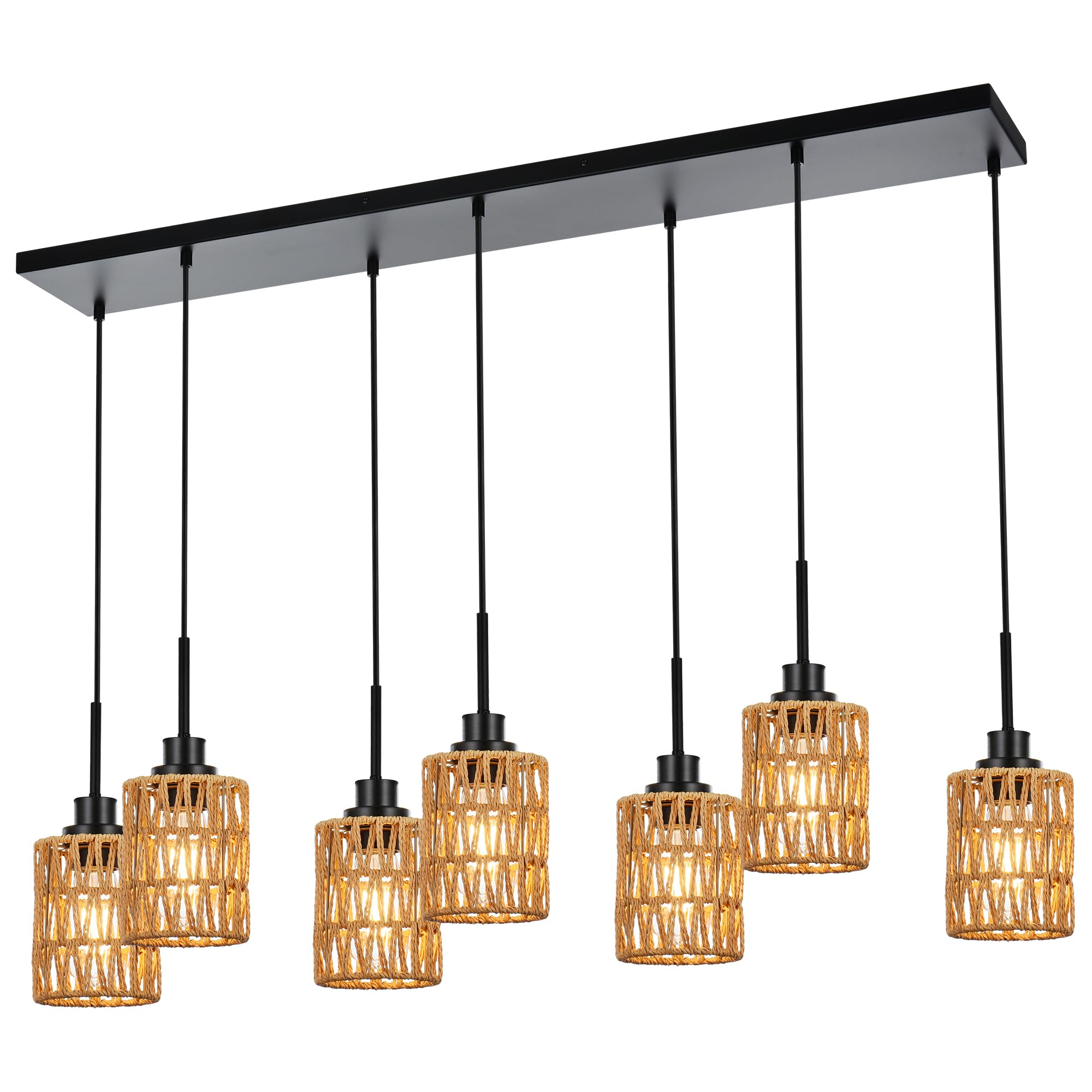 2 Pack Rattan Hanging Light Fixture Boho Pendant Light Black Adjustable Dining Table Light Fixture with Rattan Lamp Shade, Set of Two Mini Pendant Lighting for Kitchen Island Hallway Stair