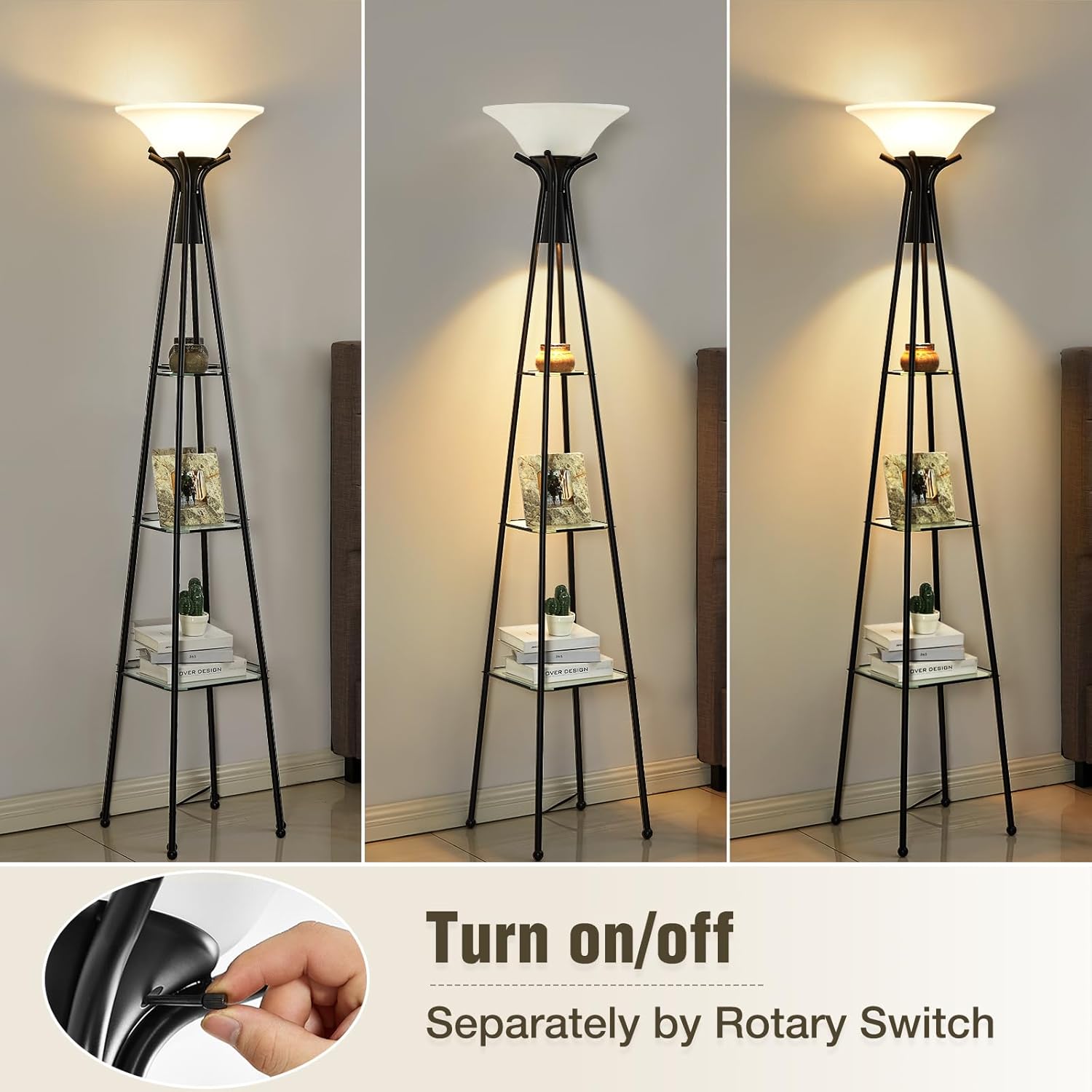 Floor Lamp with Shelves, 69” Tall Shelf Lamp, 3-Tier Modern Shelf Floor Lamp, Floor Lamps for Living Room, Bedroom, Home Office, Standing Lamp with 8W Bulb, Black & White