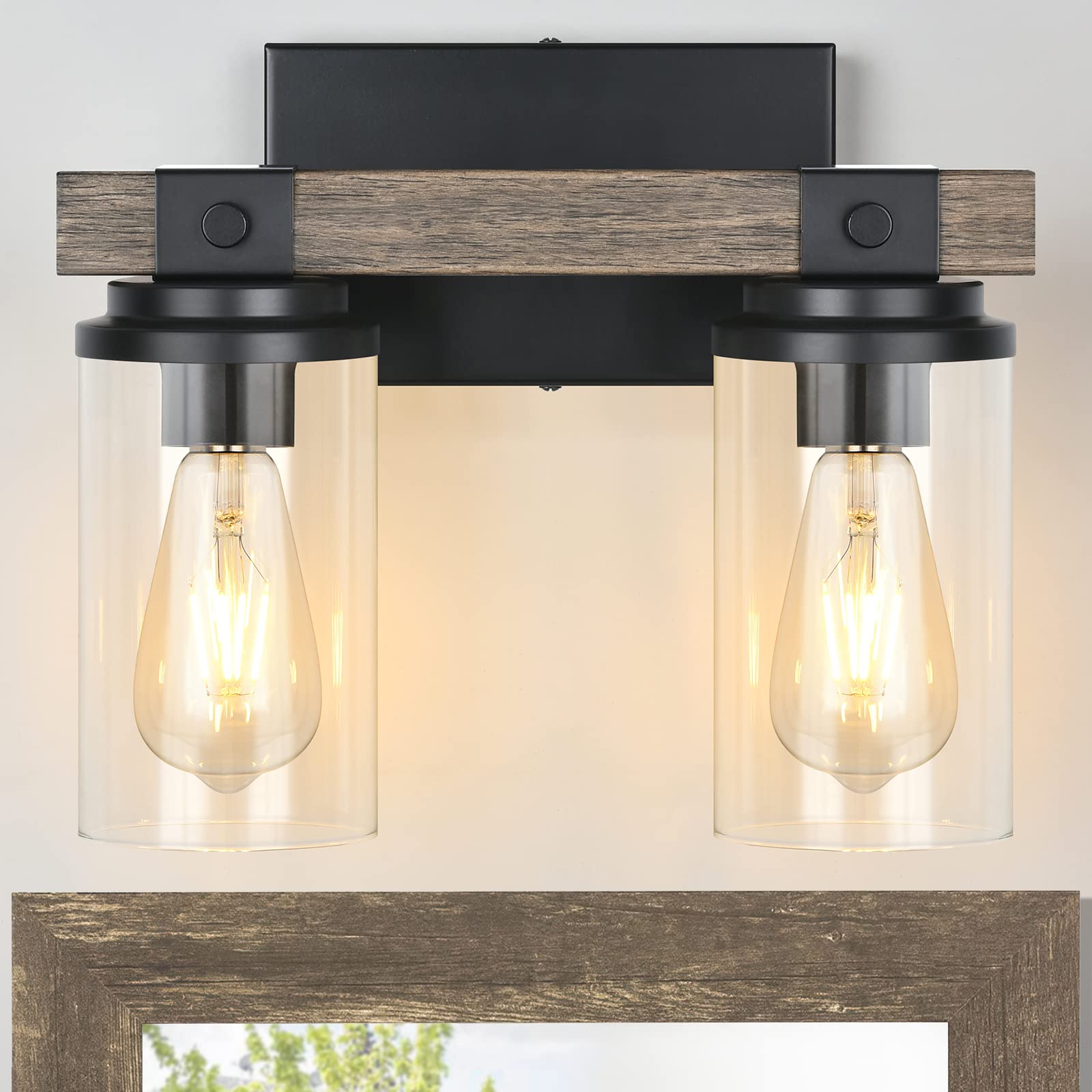 Farmhouse Bathroom Light Fixture Wood Black Vanity Lighting 2-Light Wooden Wall Sconce Industrial Rustic Wall Light Fixtures Over Mirror with Clear Glass Shade for Bathroom Hallway Kitchen Bedroom