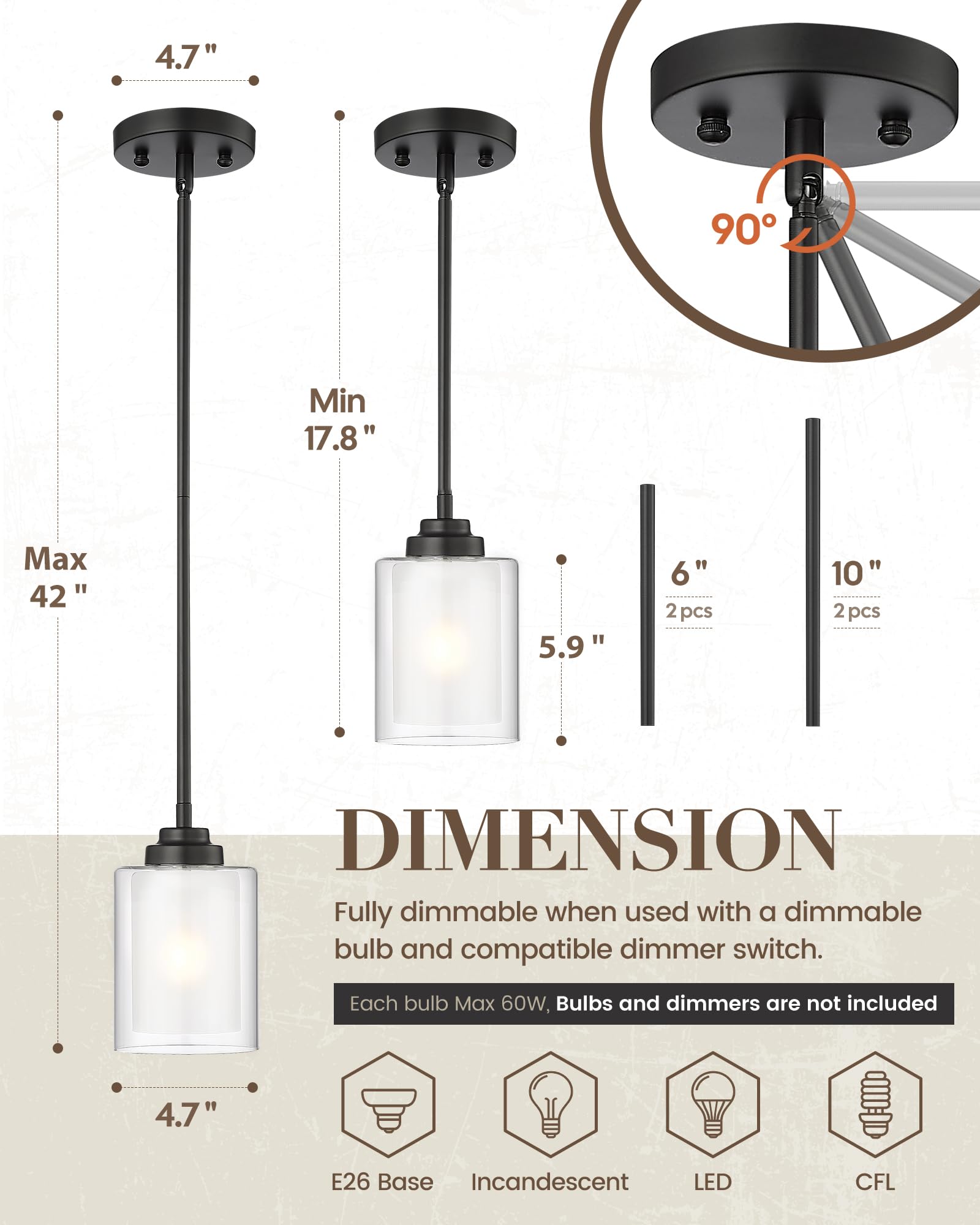 TENGXIN 3-Lights Modern Pendant Light with Glass Shade Brushed Nickel Pendant Lighting Adjustable Industrial Retro Style Hanging Light Fixture for Kitchen, Farmhouse