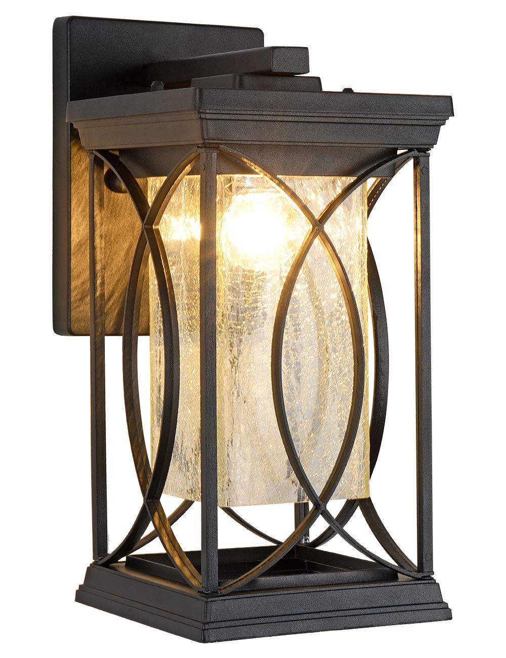 Outdoor Pendant Light Fixtures Dusk to Dawn Exterior Ceiling Hanging Lantern for Porch, Modern Black Outside Chandelier Light with Crack Glass for Front Door Porch Gazebo Foyer Entryway