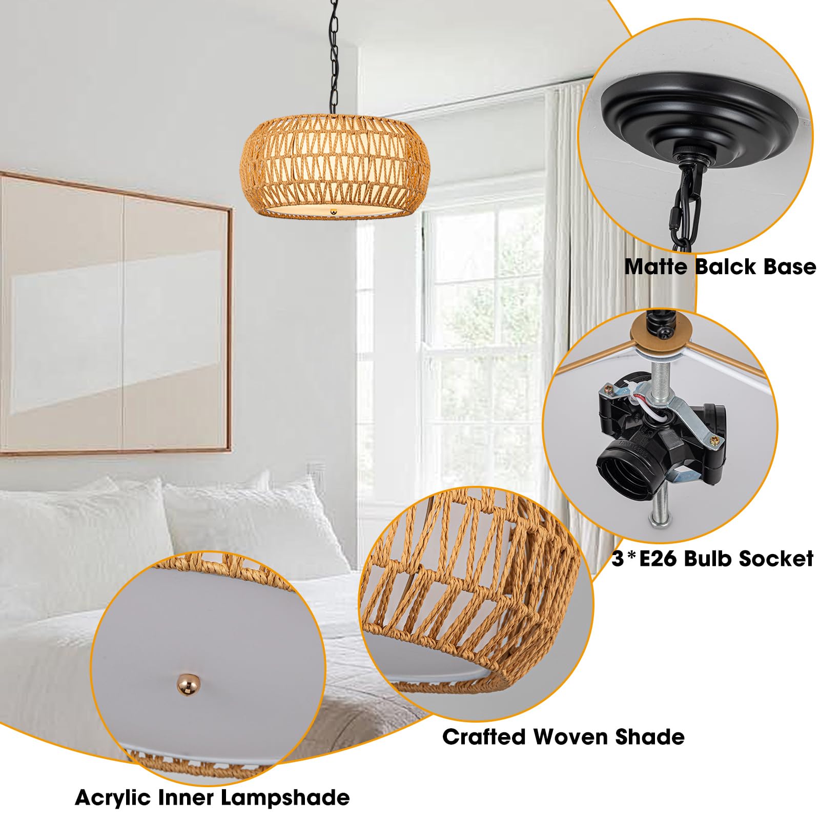 Rattan Pendant Light Fixture Basket Hanging Drum Chandelier Basket Light White Boho Ceiling Light Flush Mount Ceiling Light Woven Kitchen Chandelier for Dinning Room Hallway Bedroom Chandelier