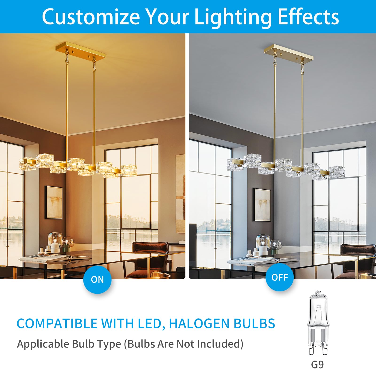 XINGQI Gold Chandelier Sputnik 8-Light Modern Farmhouse Glass Light Fixtures Rectangle Linear Chandelier for Dining Room Living Room Bedroom Kitchen Island