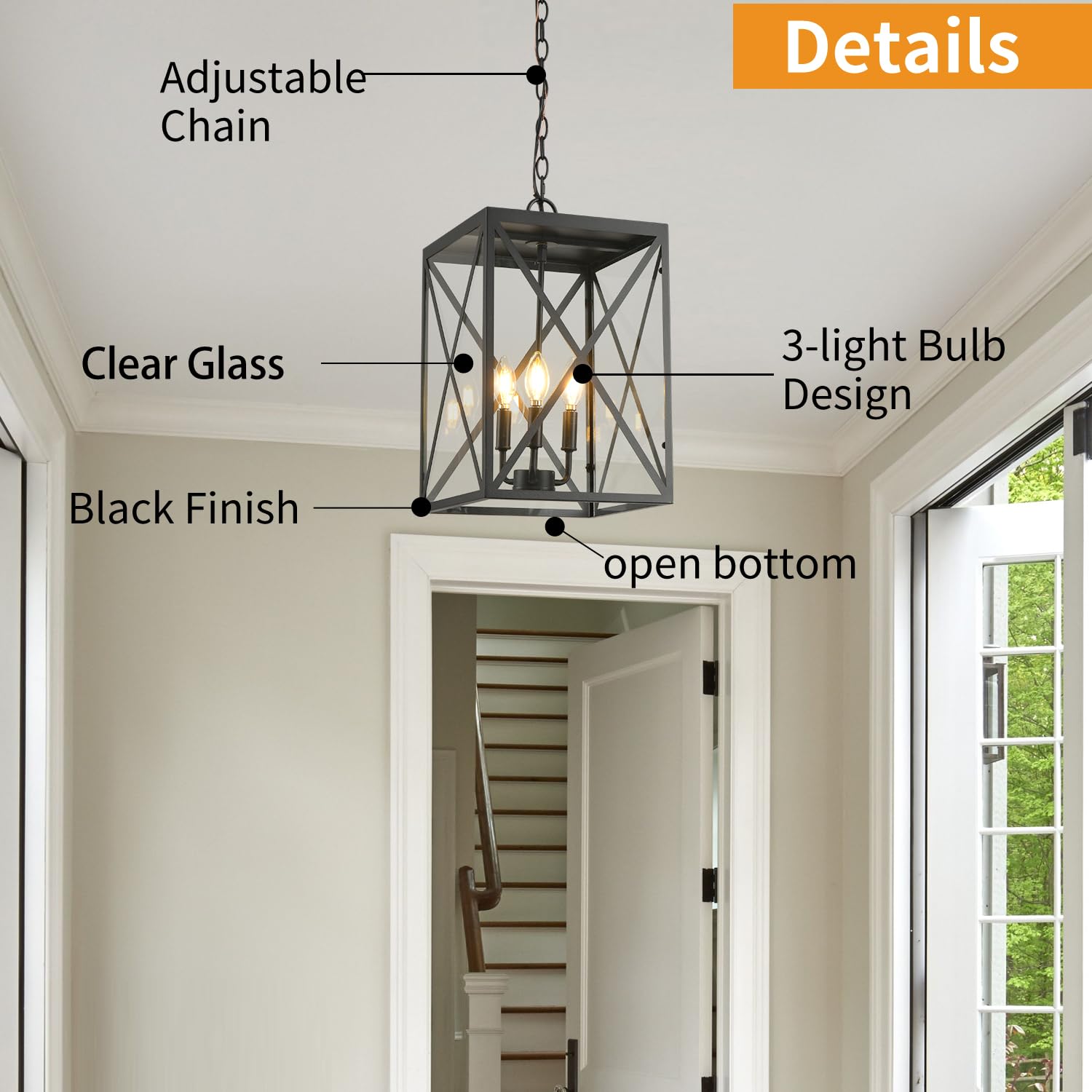 Outdoor Pendant Light Exterior Hanging Lantern, Large Outdoor Hanging Porch Light, Matte Black Finish with Clear Glass, 3 Light Outdoor Chandelier