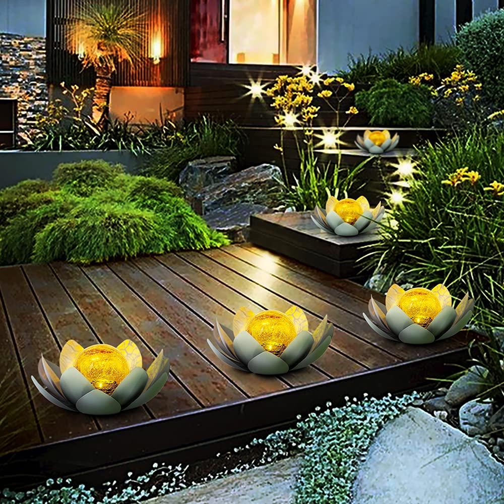 Solar Light Outdoor Waterproof Garden Light Metal Glass Decorative LED Lotus Flower Table Lamp