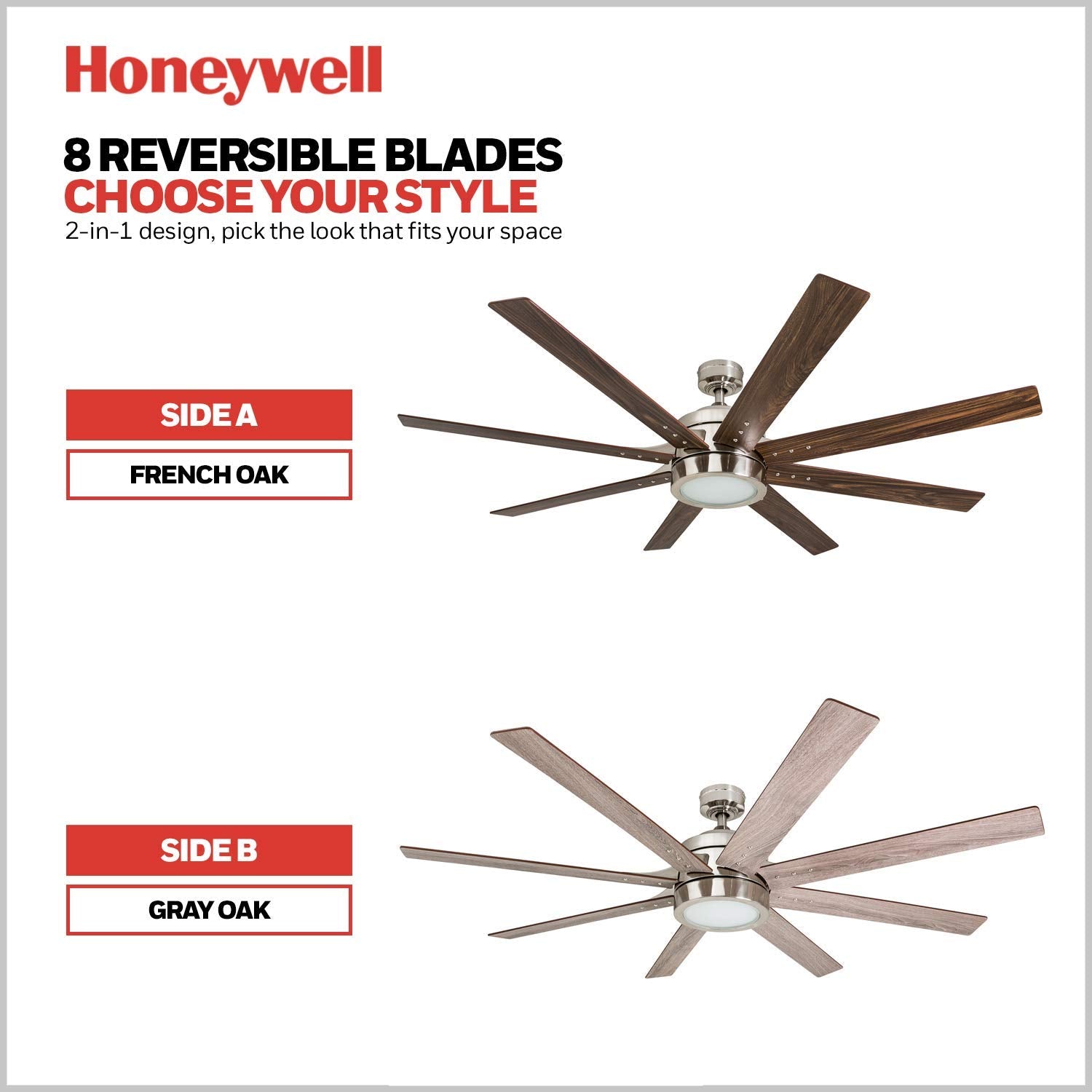 Ceiling Fans Xerxes, 62 Inch Contemporary LED Ceiling Fan with Light and Remote Control, 8 Blades with Dual Finish, Reversible Motor - 51628-01 (Brushed Nickel)