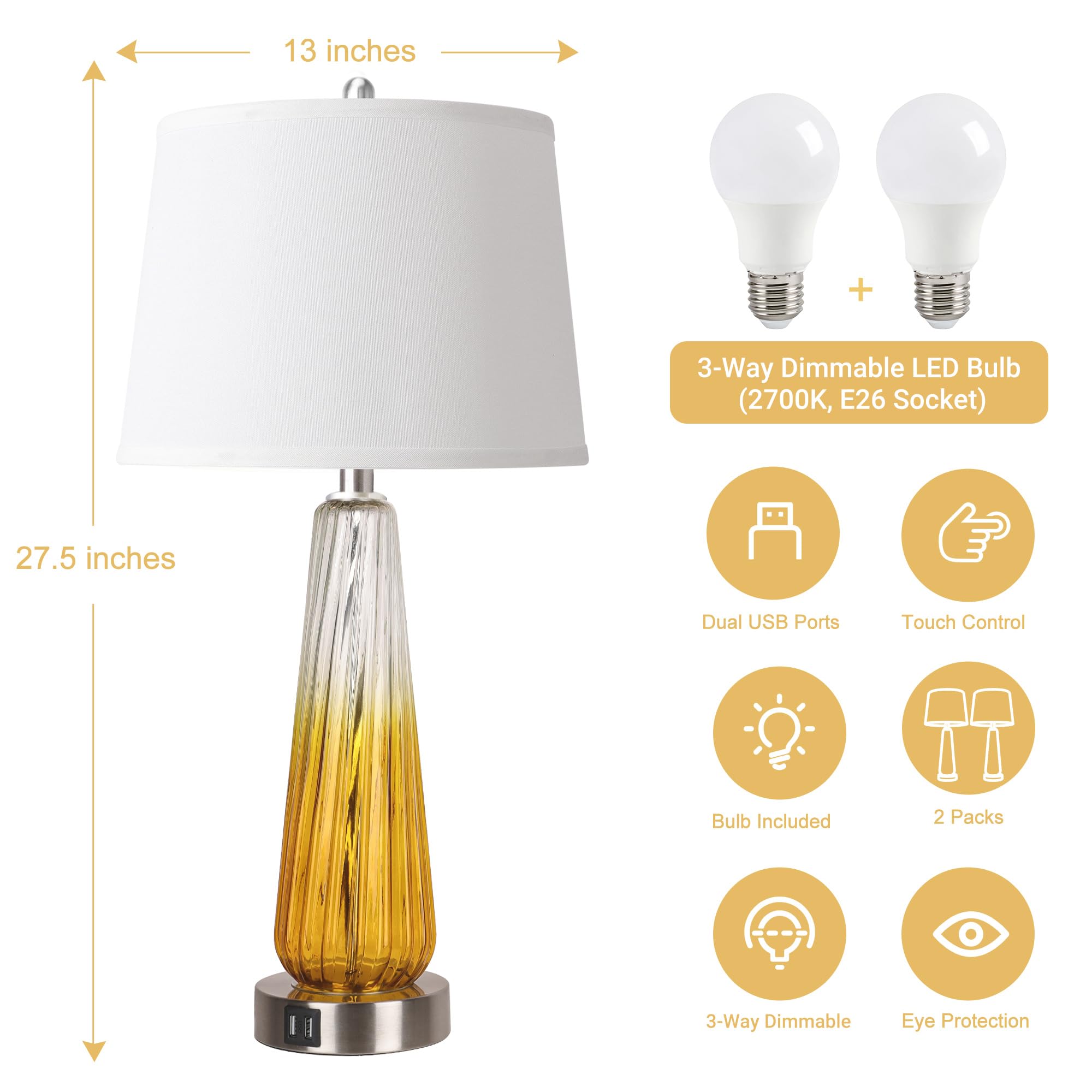 Table Lamps for Living Room with Touch Control, 3-Way Dimmable Bedside Lamps with 2 USB Ports, Modern Glass Nightstand Lamp with White Fabric Shade, 27.5" Large Lamps for Home Bedrooms Decorations