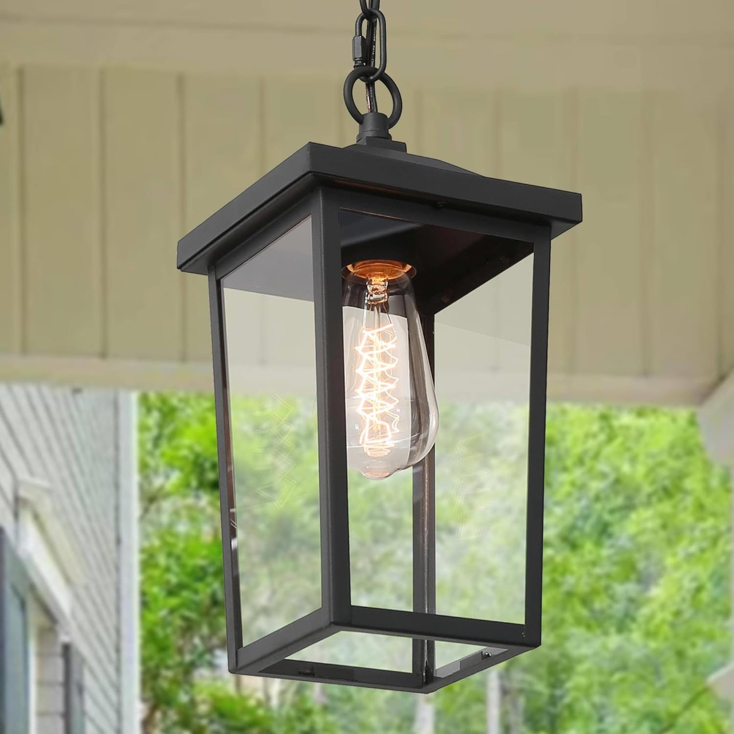 Outdoor Pendant Light Fixture, Farmhouse Exterior Hanging Lights with Adjustable Chain, Black Anti-Rust Ceiling Outdoor Light with Clear Glass, Hanging Lantern for Front Door, Entry, Porch, and Gazebo