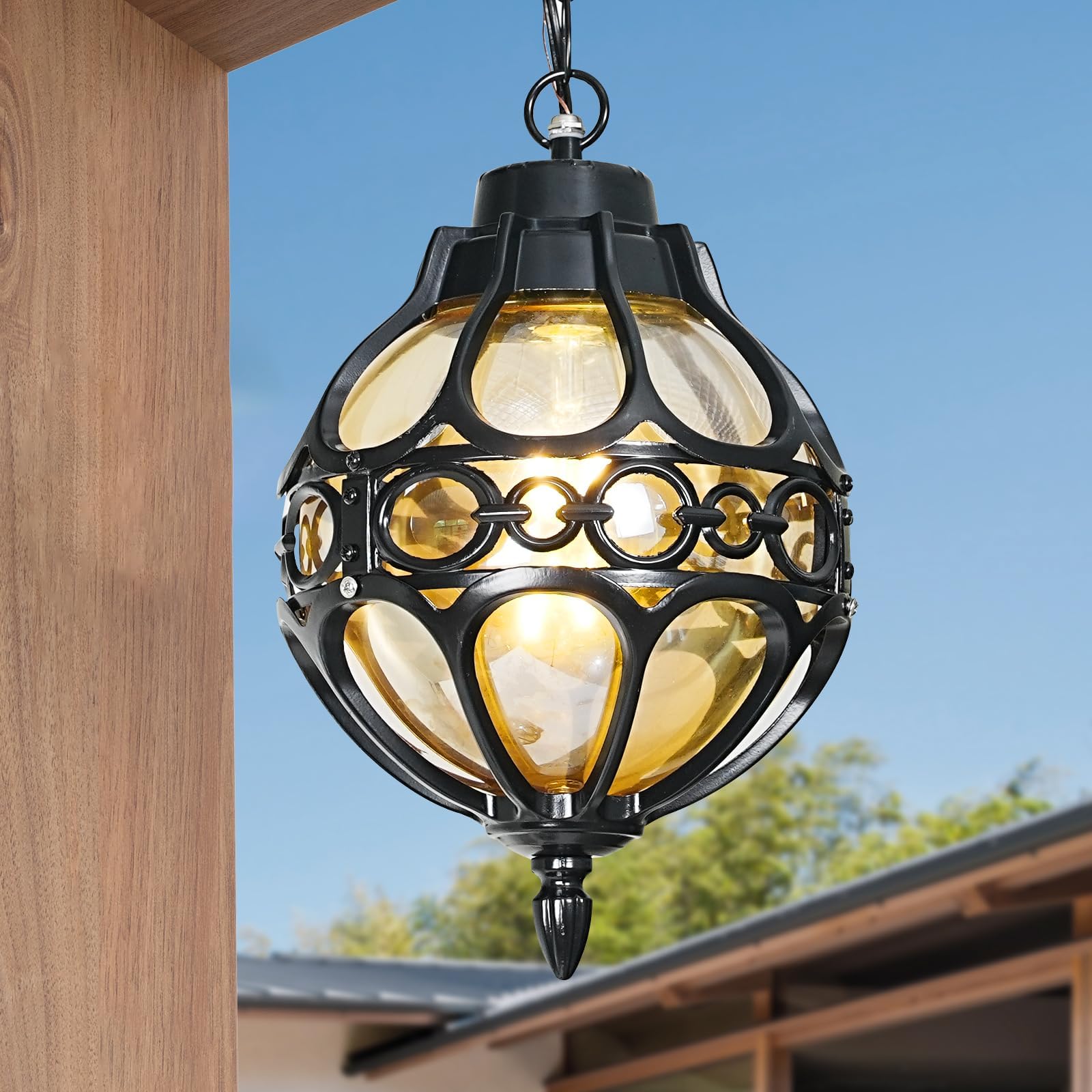 Large Globe Outdoor Pendant Light for Porch Patio Doorway Foyer, Sphere Aluminum Waterproof Outside Hanging Lantern Light, Adjustable Chain Soccer Ball Exterior Chandelier Light(1 Pack)