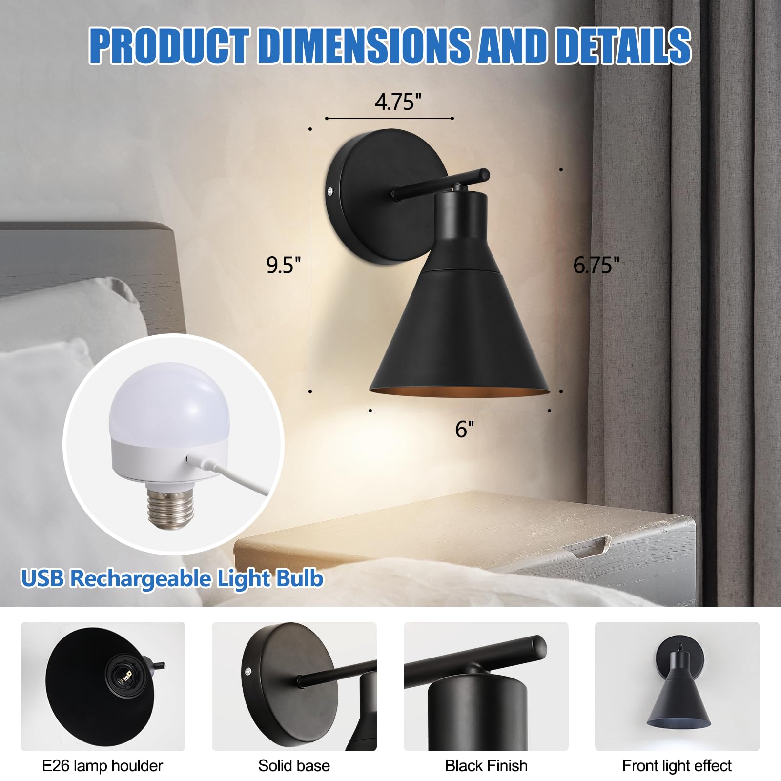 Modern Wireless Battery Operated Wall Sconces, Black Rechargeable Cordless LED Wall Lights Set of Two, Dimmable Battery Powered Wall Decor Lamp Fixture with Remote Control for Bedroom Indoor