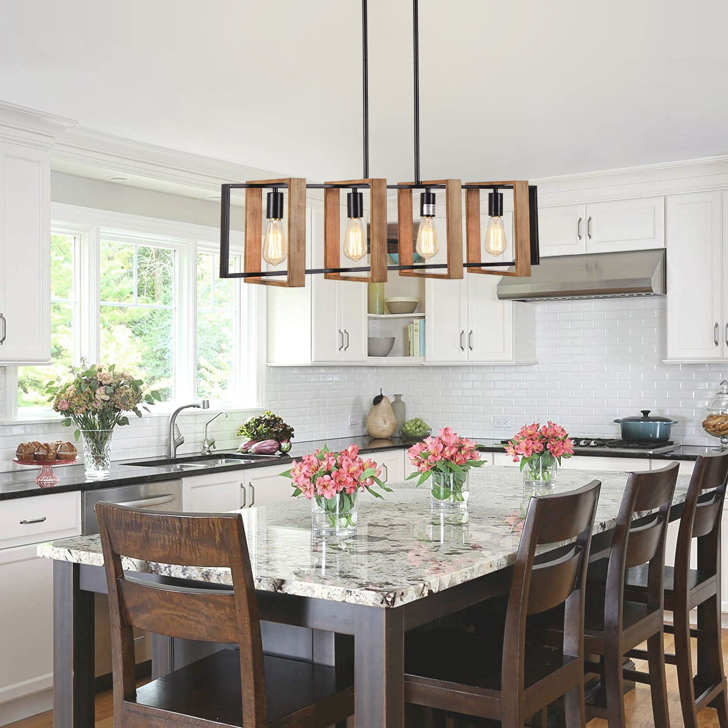 Farmhouse Kitchen Island Lighting Black Chandeliers for Dining Room Wooden Island Lights,Industrial Rectangle Light Fixtures Ceiling Hanging (4 Lights)