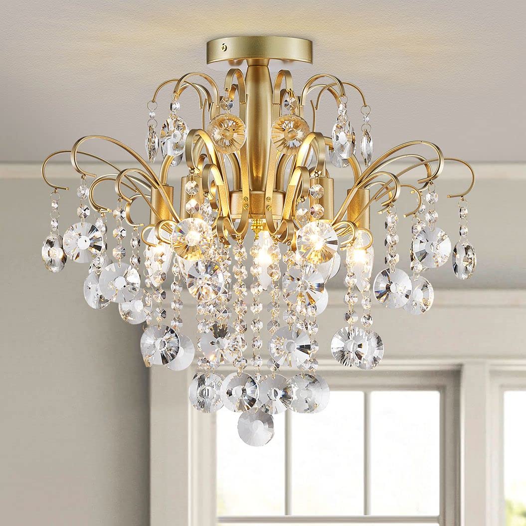 Crystal Chandelier Flushmount Ceiling Light Modern Lighting Fixture for Bedroom Hallway Bar Kitchen Bathroom, H 17.5'' x W 19.3'', E12 Base, Gold