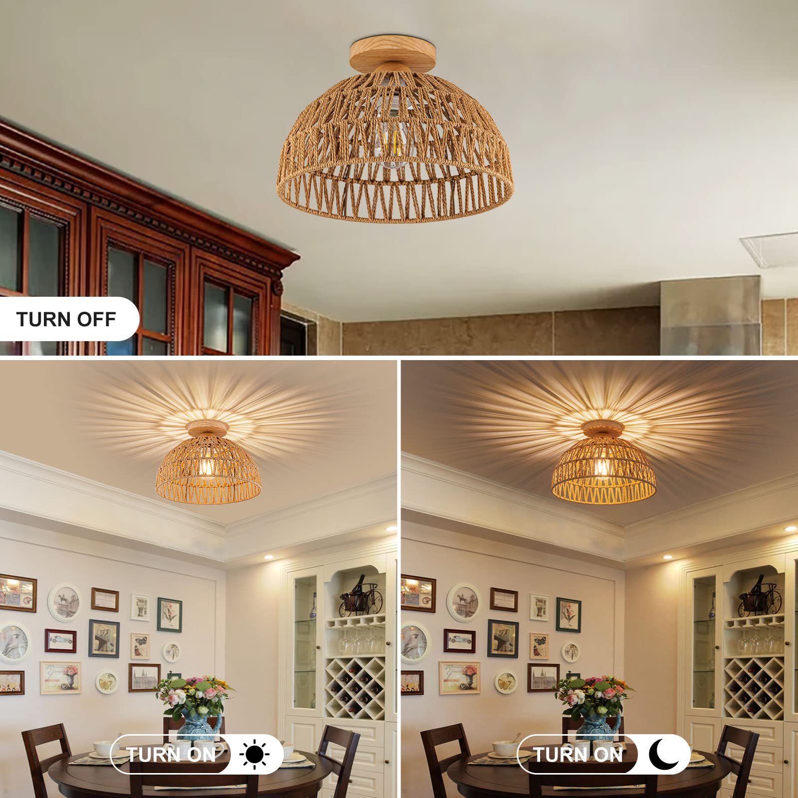 Rattan Pendant Light Fixture Basket Hanging Drum Chandelier Basket Light White Boho Ceiling Light Flush Mount Ceiling Light Woven Kitchen Chandelier for Dinning Room Hallway Bedroom Chandelier