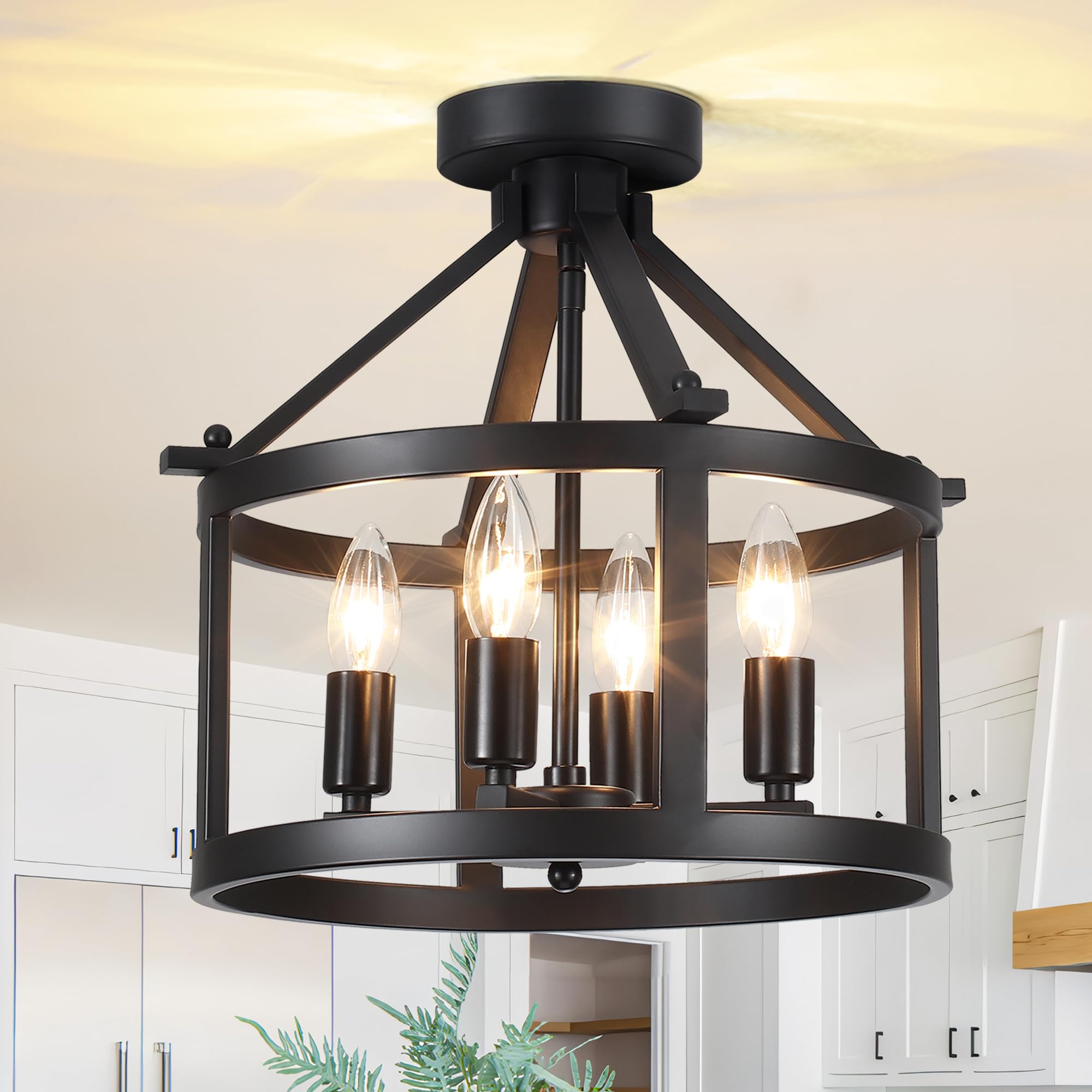 Farmhouse Light Fixtures Round Cage Chandeliers 4 Lights E12 Base Vintage Black Chandelier Pendant Light for Dining Room Entryway Hallway Foyer Kitchen