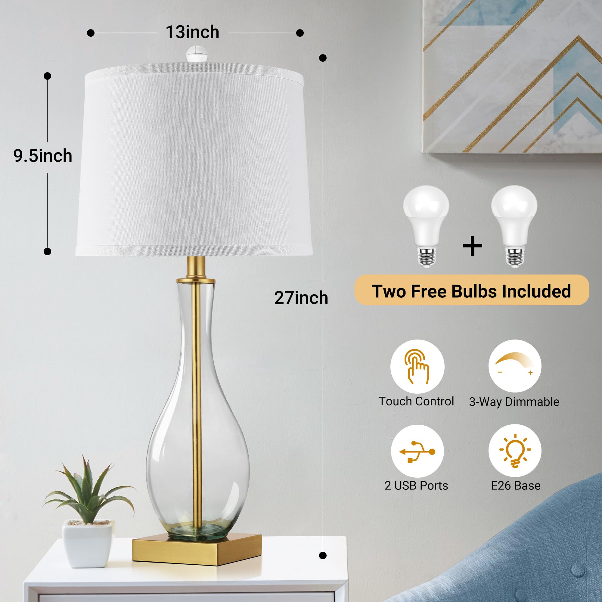 Table Lamps Set of 2 with Touch Control, 3-Way Dimmable Modern Glass table lamp for Living Room with USB C and A Charging Ports， 27" Bedside Desk Lamps for Nightstand Decorations(LED Bulbs Included)