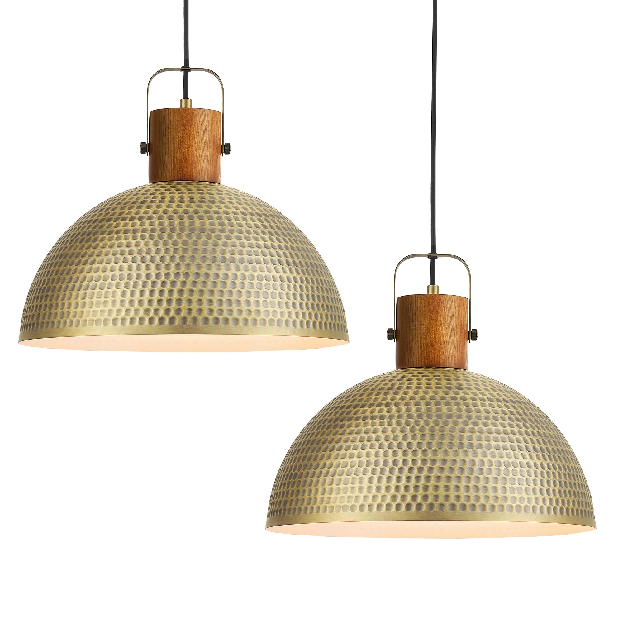 ELYONA 16 Inch Large Pendant Light Fixtures Vintage Dome Hanging Lamp Ash Wood & Brushed Brass Hammered Metal Antique Gold Kitchen Chandelier for Island, Farmhouse Dining Room Living Room Hallway