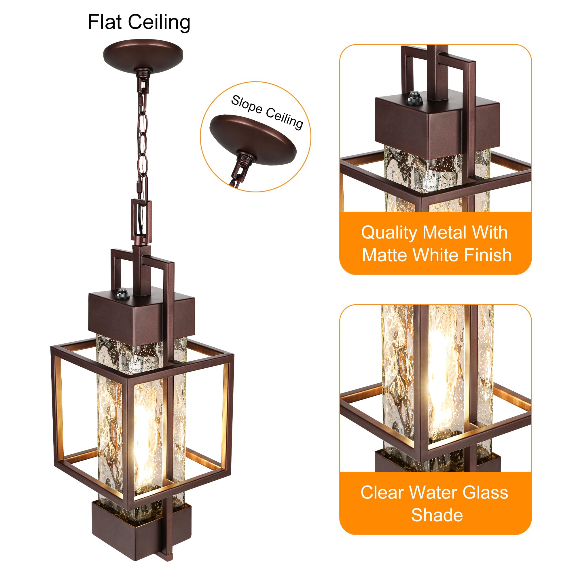 15" Dusk to Dawn Outdoor Pendant Light Exterior Hanging Lantern, Modern Black Metal Outside Chandelier Light Fixture Ceiling Mount with Water Glass for Front Porch Entrance Foyer Entryway