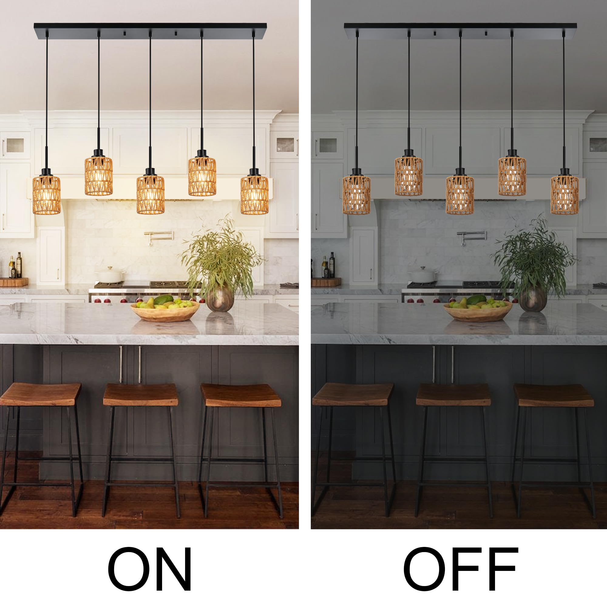 2 Pack Rattan Hanging Light Fixture Boho Pendant Light Black Adjustable Dining Table Light Fixture with Rattan Lamp Shade, Set of Two Mini Pendant Lighting for Kitchen Island Hallway Stair