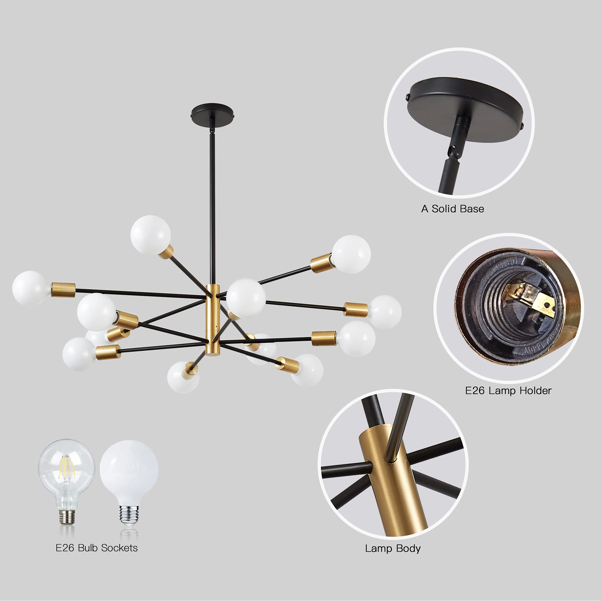 Sputnik Chandelier Modern Gold Chandelier 6-Light E26 Mid Century Ceiling Light Fixture Height Adjustable Hanging Pendant Lighting for Dining Room Kitchen Island Bedroom Office