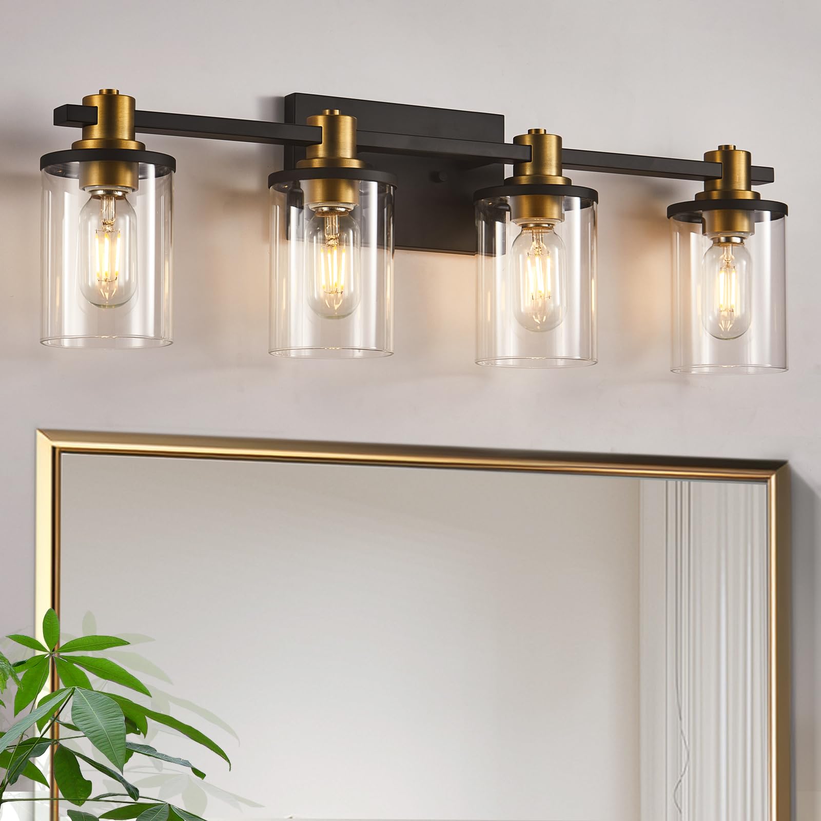 3 Light Bathroom Vanity Light, Black and Gold Bathroom Light Fixtures with Clear Glass Shade, Matte Black Finish, Brushed Gold Copper Accent Socket, Modern Gold Vanity Lights for Bathroom Over Mirror