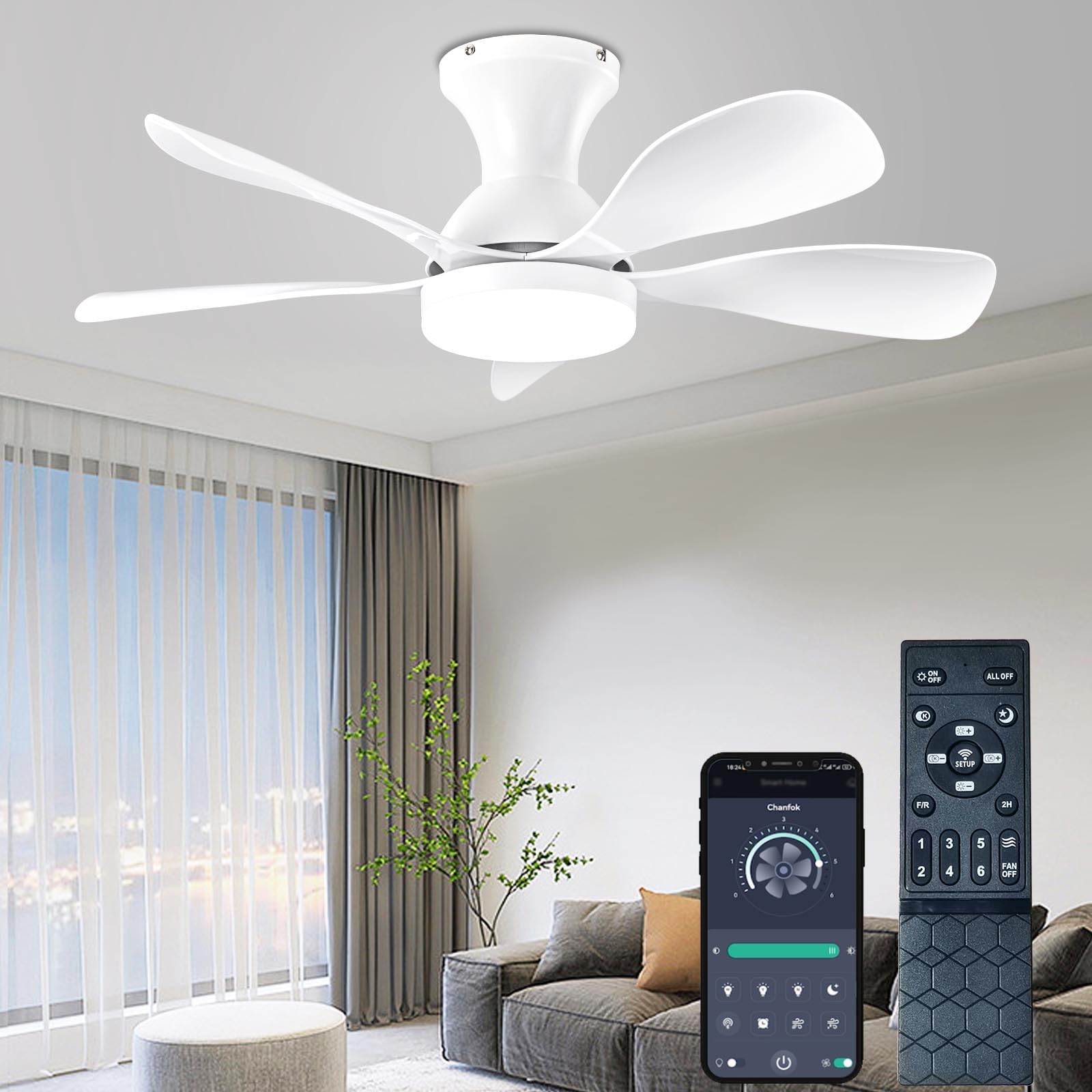 33In Black Low Profile Ceiling Fans with Lights and Remote/APP Control, Modern Flush Mount Ceiling Fan with 5 Reversible Blades for Outdoor Patio,Small Room,Bedroom…