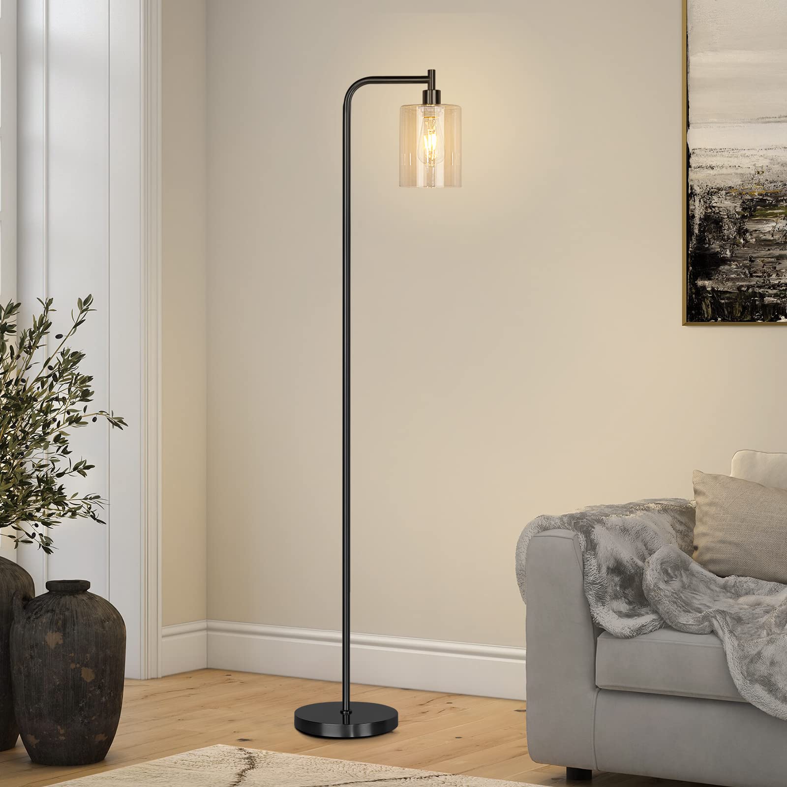 Industrial Floor Lamp for Living Room, Modern Standing Lamp with HD Glass Lampshade and Pedal Switch, 67” Tall Pole Light for Bedroom Study Room, Brushed Silver (2700K LED Bulb Included)