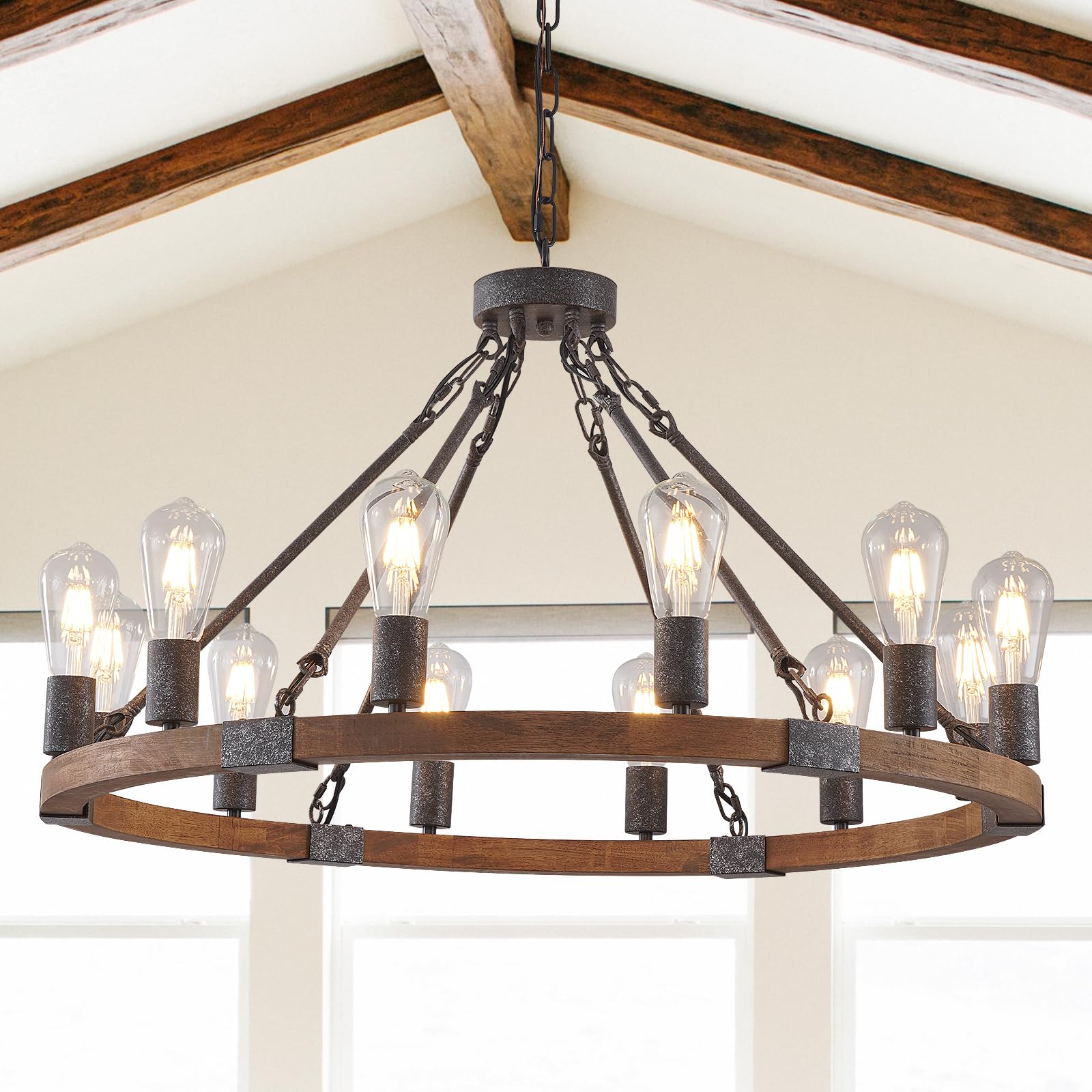 12-Light Wood Wagon Wheel Chandelier Brown Rustic Hanging Ceiling Lighting Chandeliers Industrial for Living Dining Room Bedroom Hallway Entryway Foyer High Ceiling Restaurant, E26