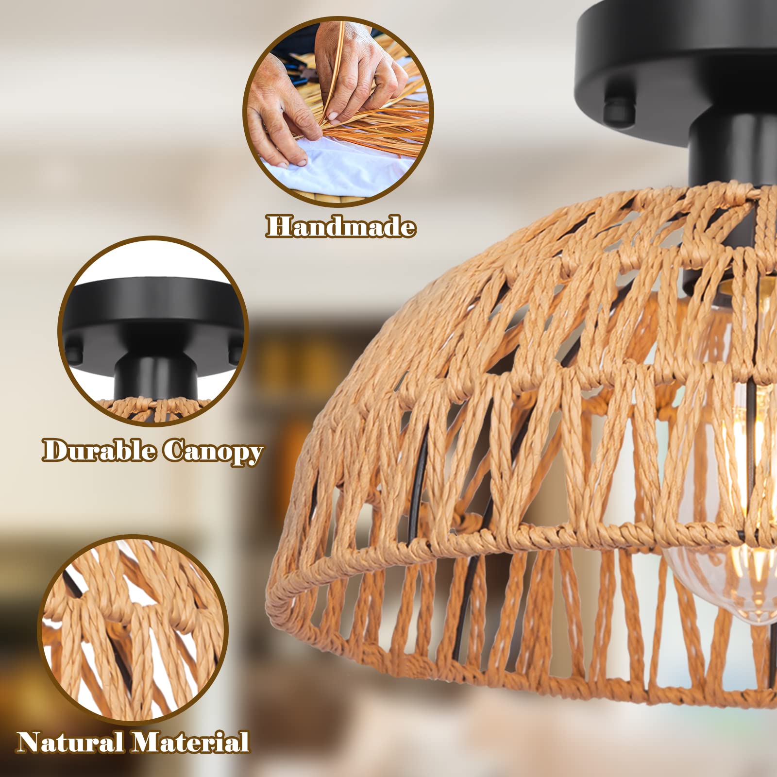 Rattan Pendant Light Fixtures 2 Packs, Boho Woven Basket Pendant Light, Handmade Wicker Hanging Lamp, Rattan Chandelier for Kitchen Island, Dining Room, Living Room, Bedroom, E26 Base