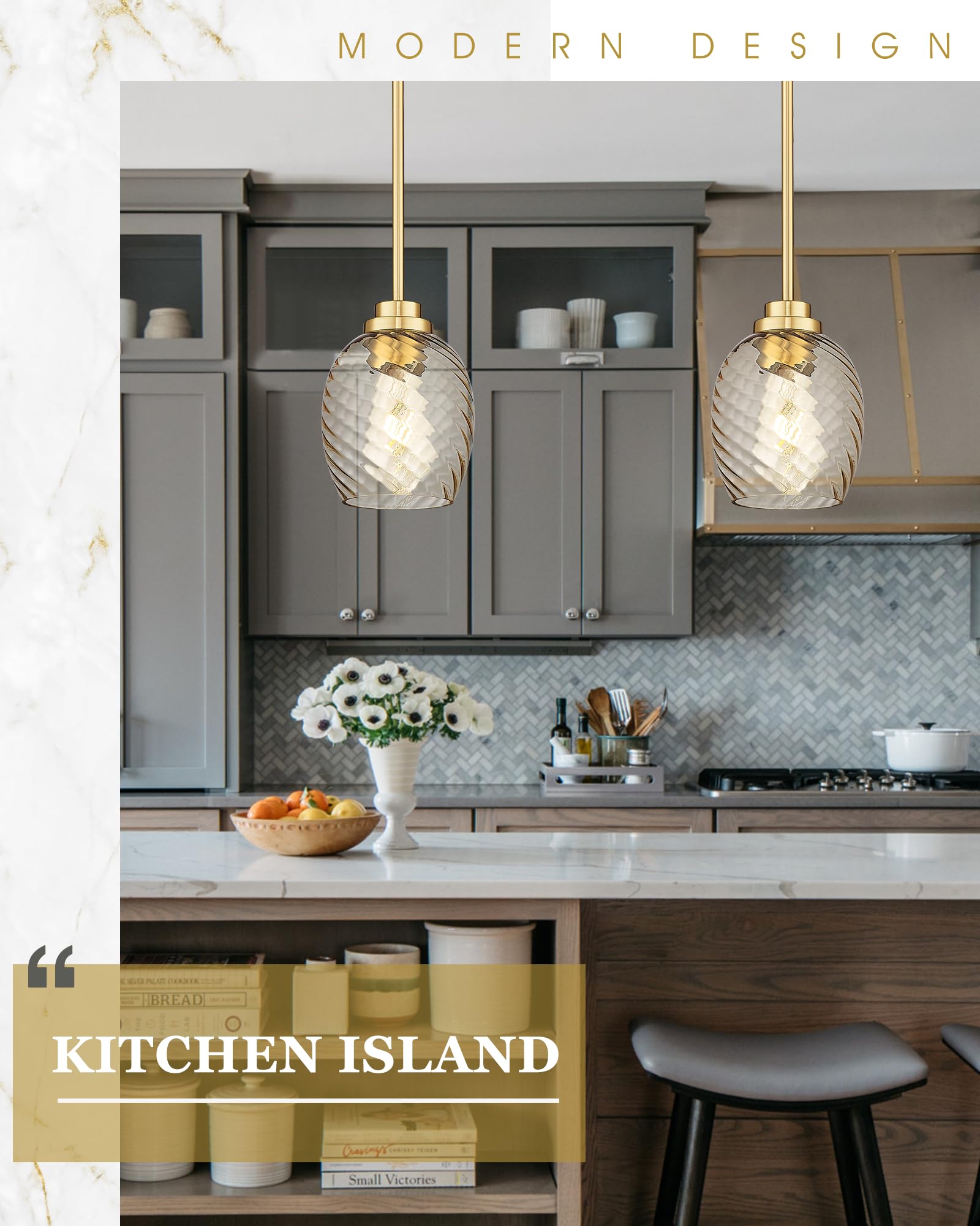 Brass Pendant Lights Kitchen Island 2 Pack, Farmhouse Gold Pendant Light with Clear Glass Globe Shade, Kitchen Island Lighting for Dining Room Entryway, AD-22280-1P2-GD-C