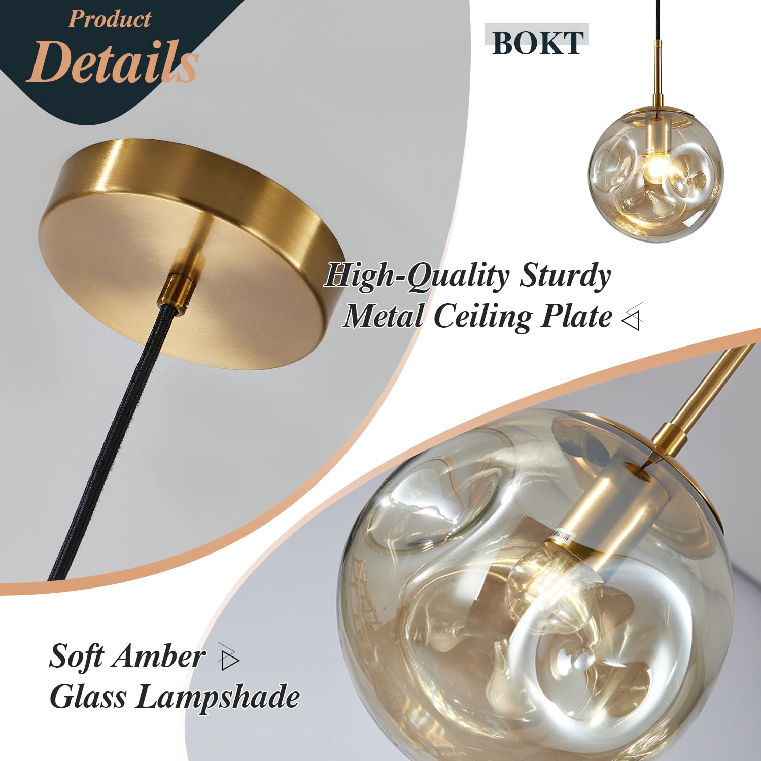 BOKT Modern Gold Kitchen Island Pendant Light Mid Century 3-Lights Globe Pendant Light Fixture Cluster Multi Light Pendant Lighting Bedside Glass Ball Pendant Lamp