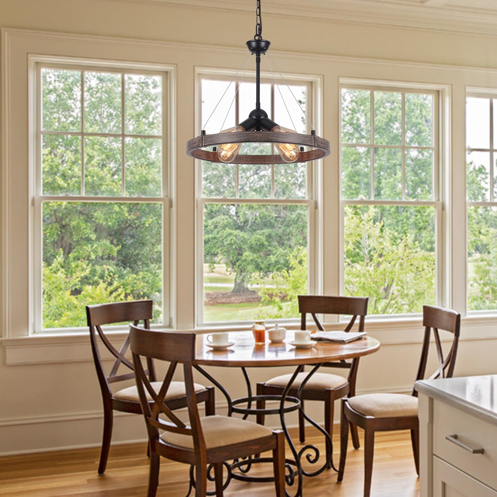 Wheel Chandelier Light Fixture, 17.7” 4 Lights Farmhouse Chandeliers for Dining Room, Rustic Round Chandelier for Living Room Entryway Foyer Bedroom Kitchen, Wood Grain Finish