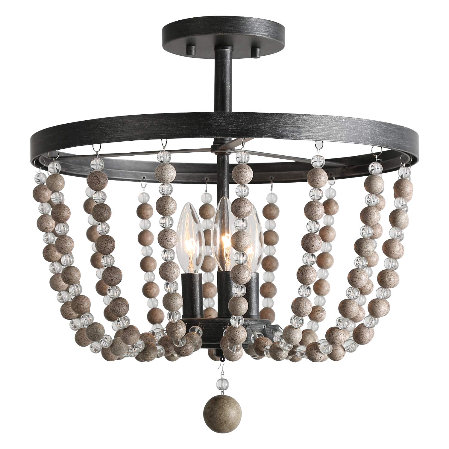 Ceiling Light Fixture, 3-Light Bohemian Lighting for Entryway, Foyer, Distressed Wood Bead Chandelier, Dark Silver Brushed, 12 D” x 13.6” H