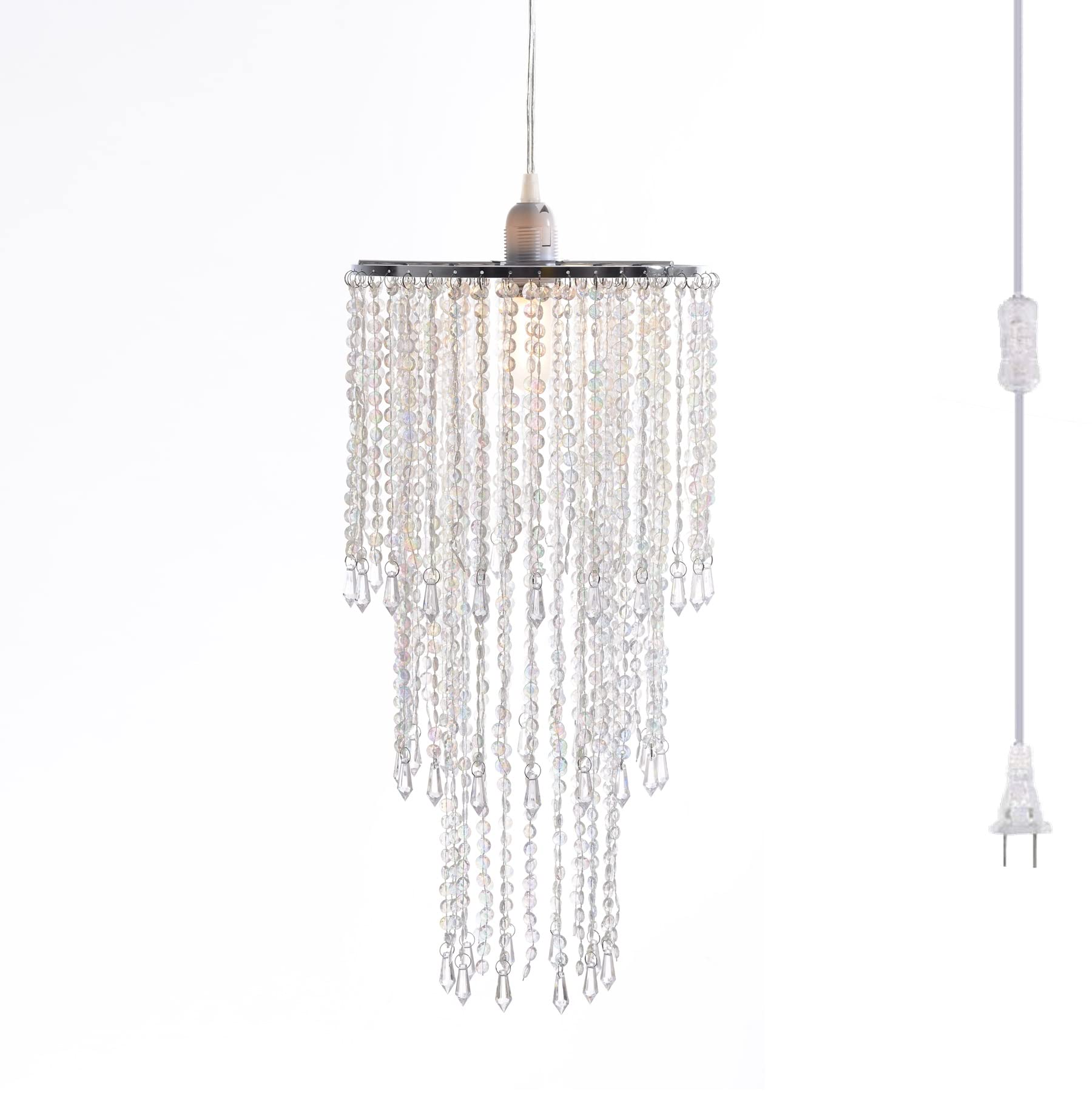 Modern Chrome Beaded Hanging Chandelier (W10.25 x H20”)，3 Tiers Beads Pendant Shade, Ceiling Chandelier Beaded Lampshade with Acrylic Jewel Droplets (Crystal Iridescent)