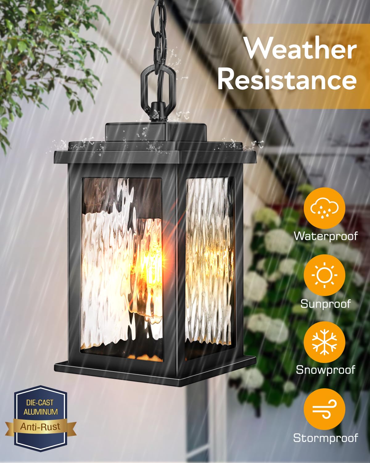 Outdoor Pendant Light Fixture, Farmhouse Exterior Hanging Lights with Adjustable Chain, Anti-Rust Aluminum Frame with Tempered Water Glass, Hanging Lantern for Front Door Ceiling Entry Porch