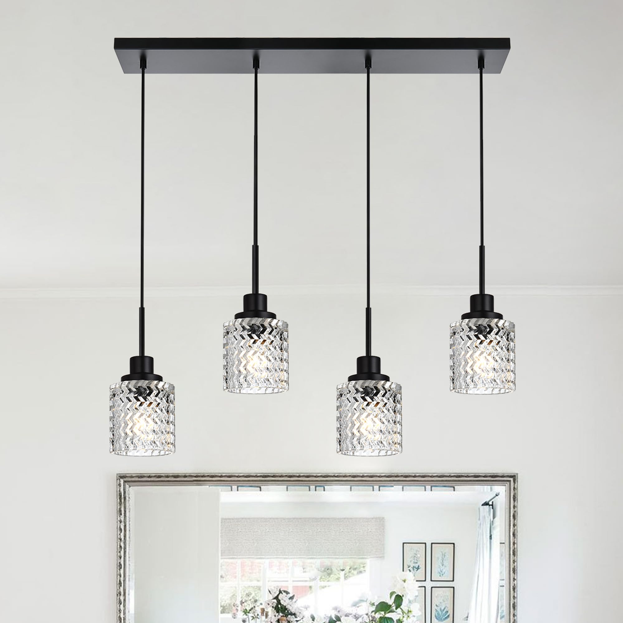 6 Lights Linear Chandeliers for Dining Room, Black Island Lighting Fixture Hanging Pendant Lights with Hammered Glass Shade for Kitchen Island, Dining Hall, Bar