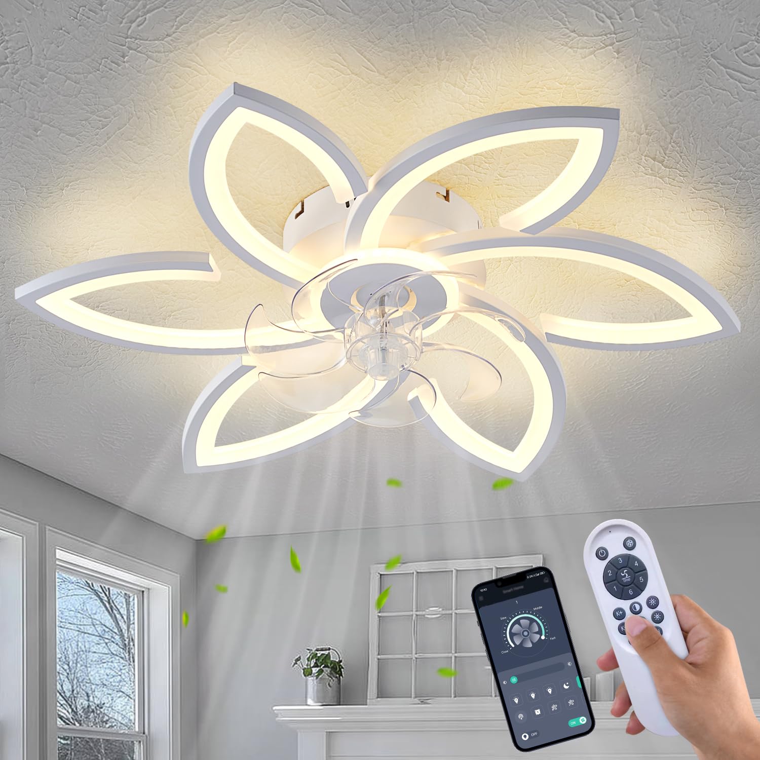 Ceiling Fan with Lights Remote Control, 24" Black, 6 Speeds 3 Light Color Low Profile Flush Mount Ceiling Fan for Kitchen Bedroom