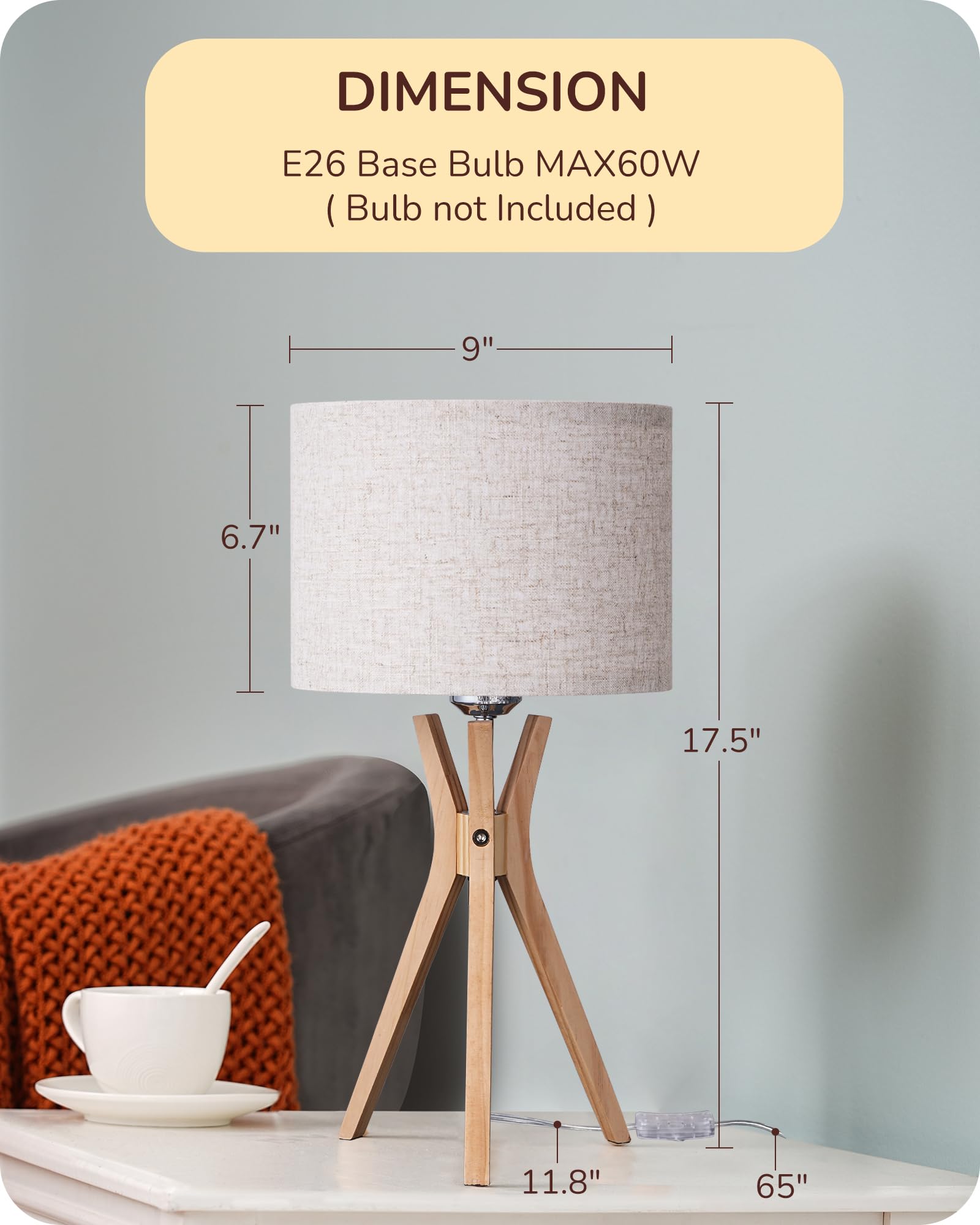 Mid Century Table Lamp, 17.5" Tripod Bedside Lamp with Deep Wood Color Light Base & Beige Linen Lampshade, Nightstand Lamp for Bedroom, Living Room, Reading Room, E26 Base