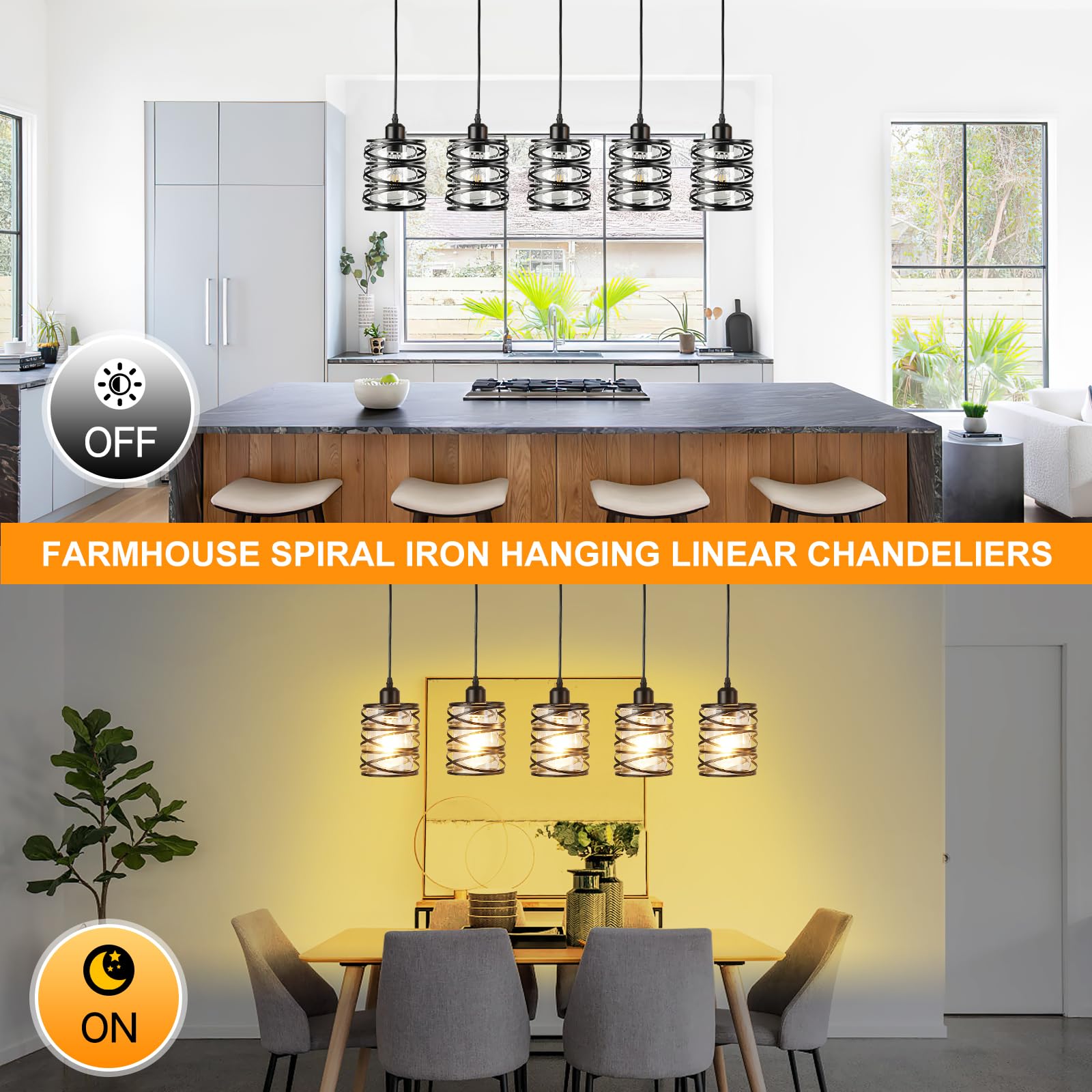 Brushed Nickel Pendant Lights for Kitchen Island, 5-Light Chandelier for Dining Room, Hanging Linear Chandeliers, Modern Dining Room Light Fixtures Pendant Light with Clear Glass Shades