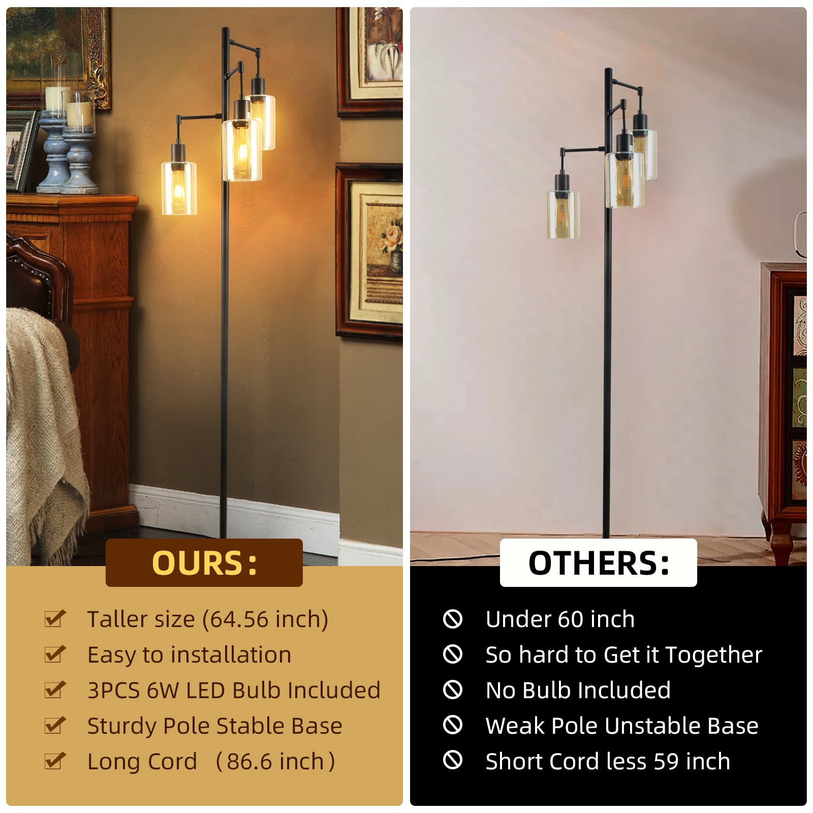 Farmhouse Floor Lamp for Living Room Bedroom, 3-Lights Floor Lamp with On/Off Foot Switch, Tall Pole Tree Standing Lamp Oil Rubbed Bronze with Amber Glass Shade, LED 3 Bulbs Included