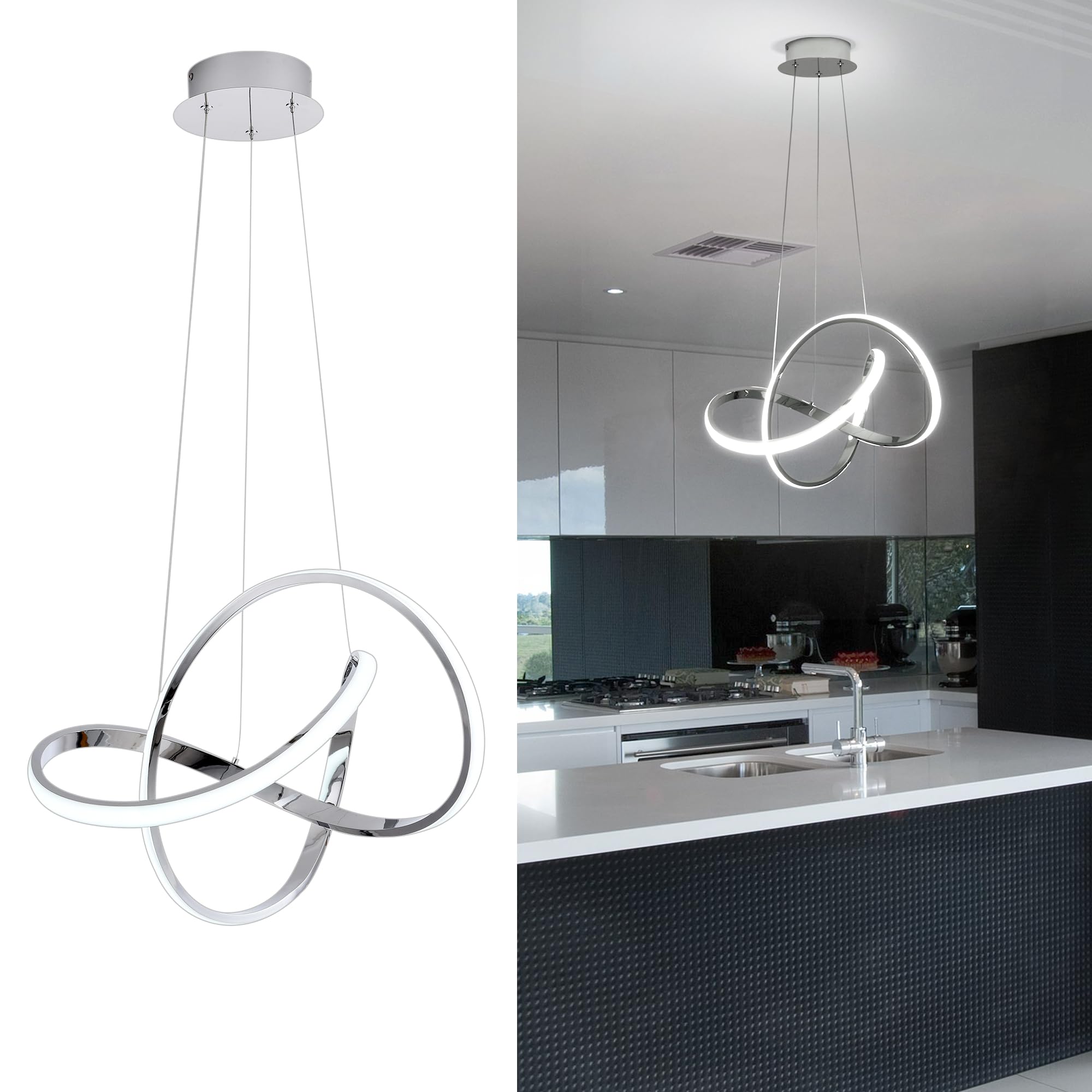 Modern LED Chandelier, LED Pendant Light in Wood Finish, Adjustable Height Chandeliers with Irregular Ring, Modern Chandeliers for Dining Room Kitchen Island Living Room Bedroom, 6000K Daylight