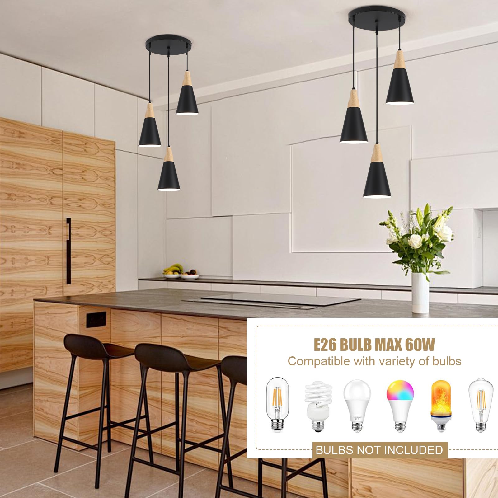 Black Wood Pendant Light Kitchen Island 3 Light, Black Cone Modern Farmhouse Kitchen Pendant Hanging Lighting for Dining Room, Restaurant, Bar, Kitchen Sink, Hallway