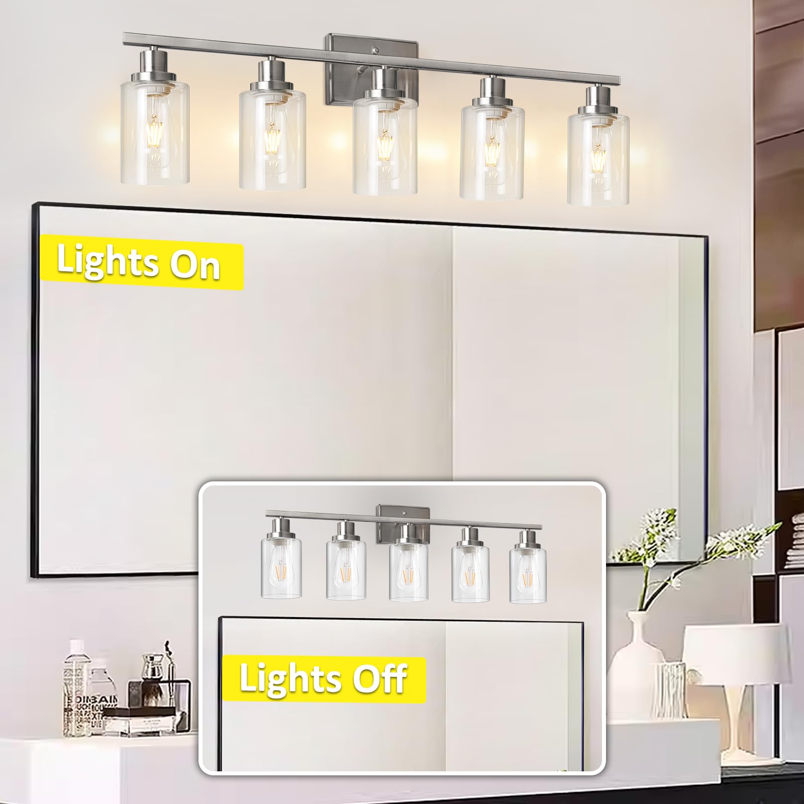 Ascher Bathroom Vanity Light Fixtures, 3 Light Wall Sconces Lighting with Clear Glass Shade, Brushed Nickel Wall Lights for Mirror, Kitchen, Living Room, Gallery, E26 Base (Bulbs Not Included)