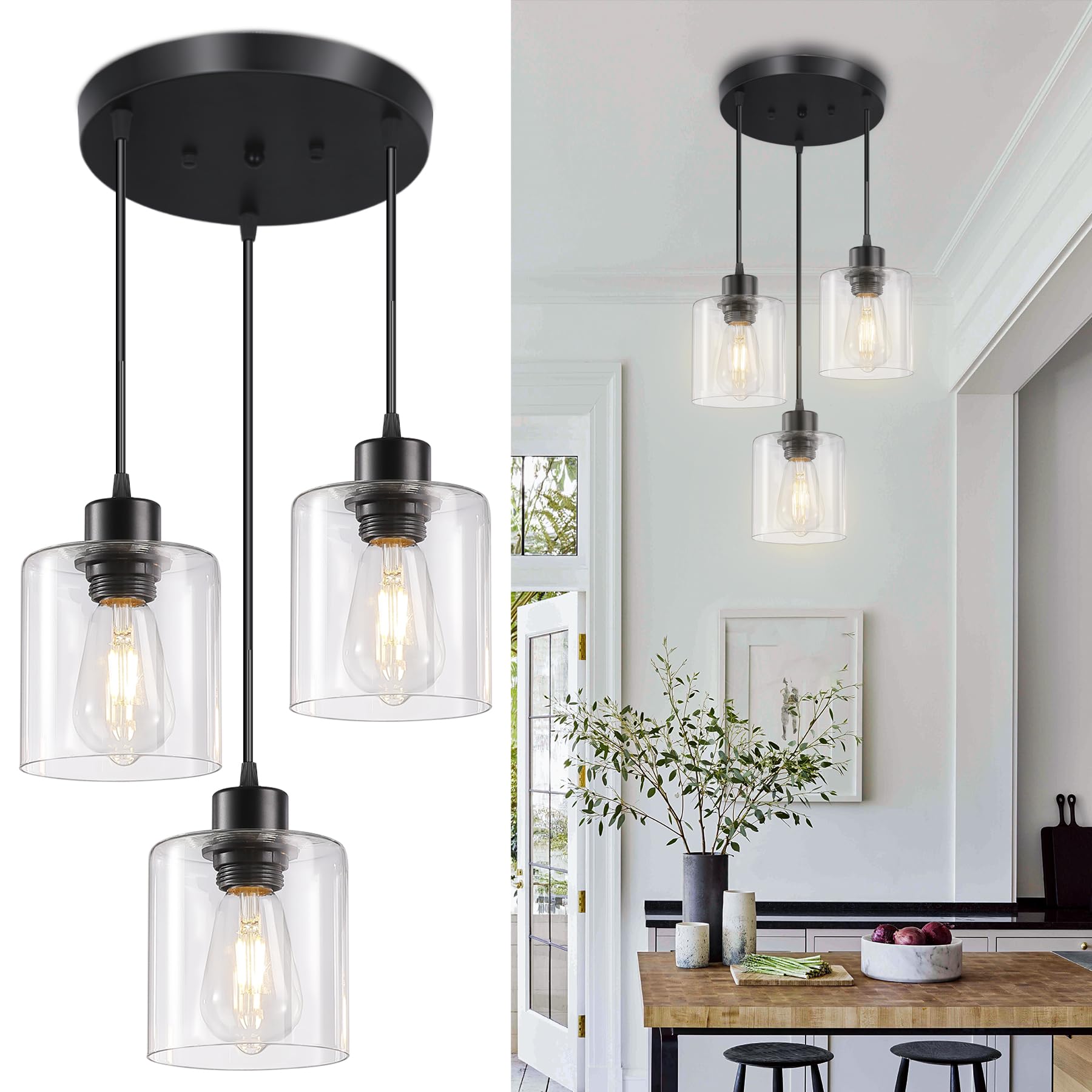 3-Lights Pendant Light Fixture, Hanging Light Fixture Kitchen Island, Black Pendant Lighting for Kitchen Bedroom Hallway, Dining Room Light Fixtures, E26 Base, Clear Glass Shade